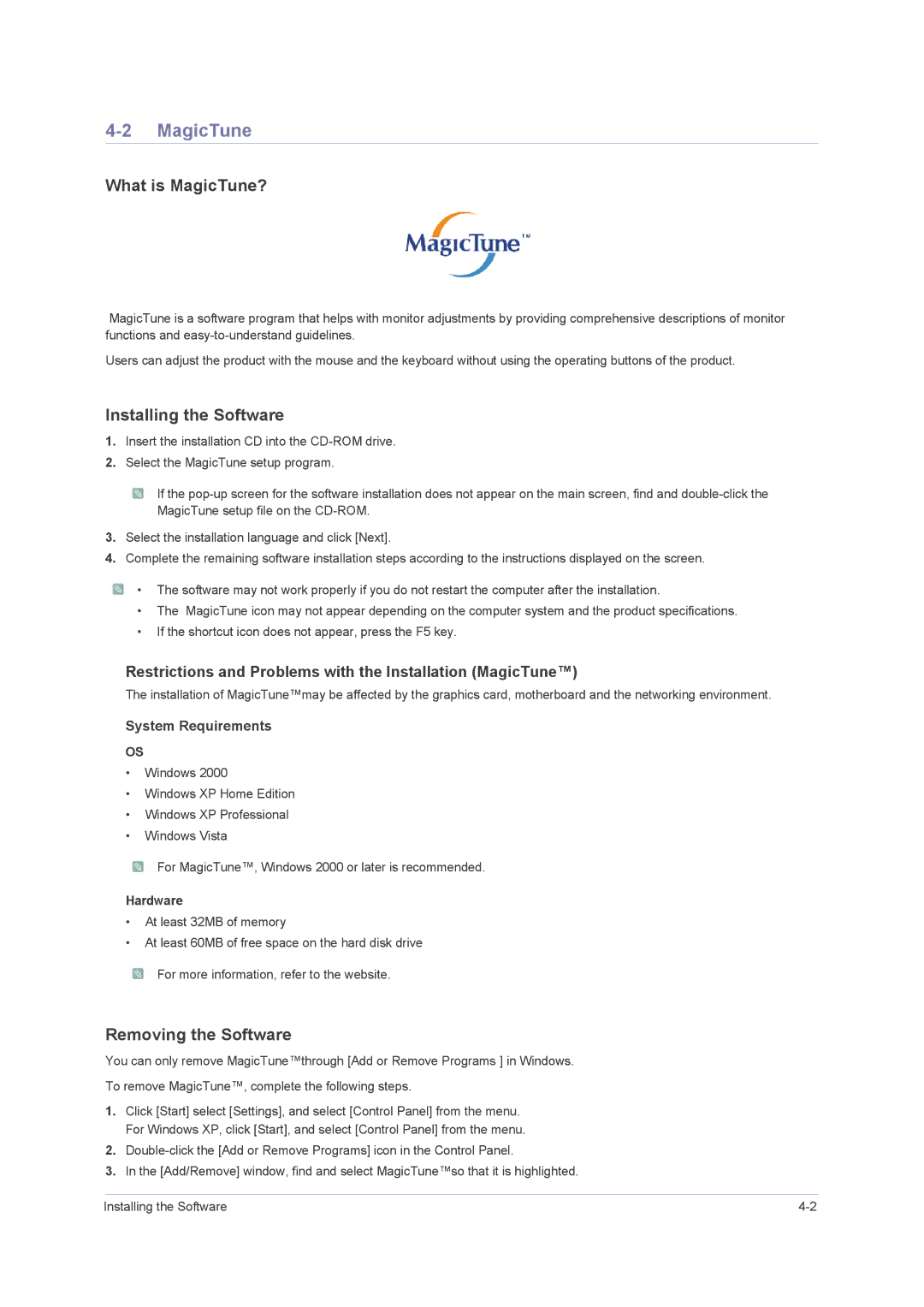 Samsung F2080M, F2380M user manual What is MagicTune?, Installing the Software, Removing the Software, Hardware 