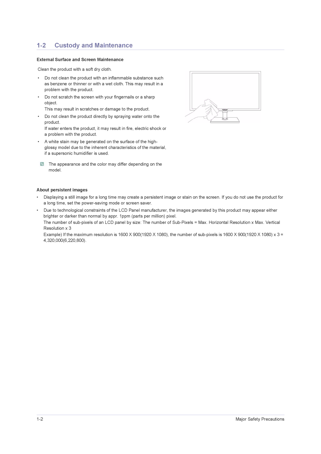 Samsung F2380M, F2080M user manual Custody and Maintenance, External Surface and Screen Maintenance, About persistent images 