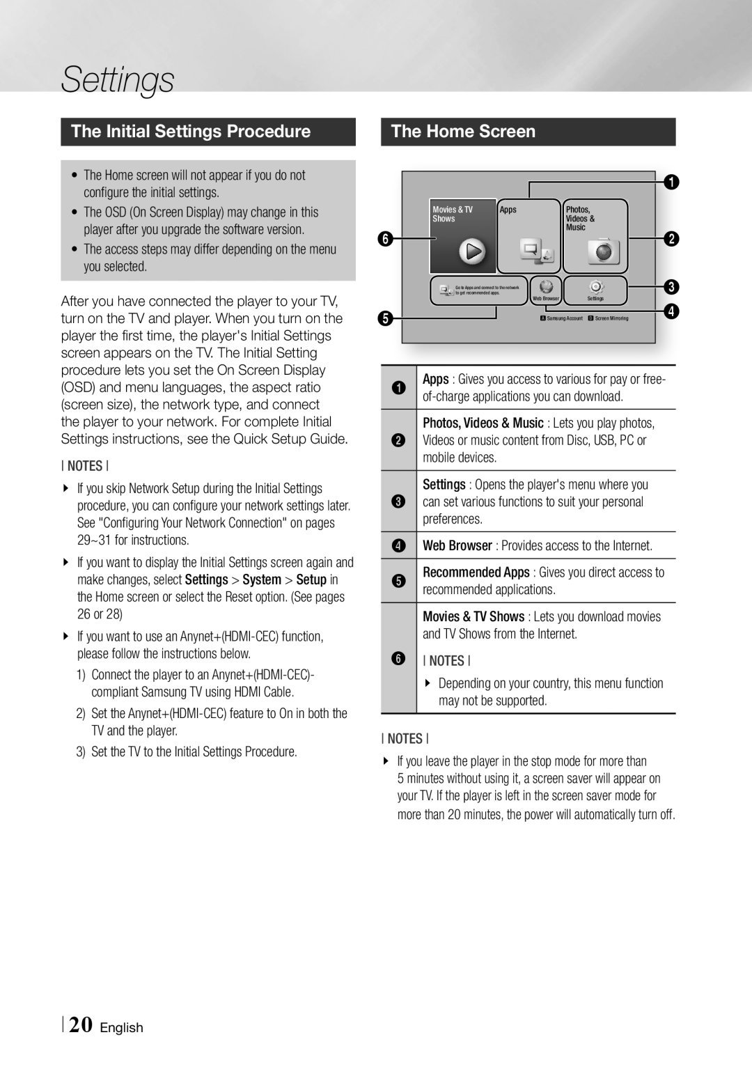 Samsung BDF7500 user manual Initial Settings Procedure Home Screen 