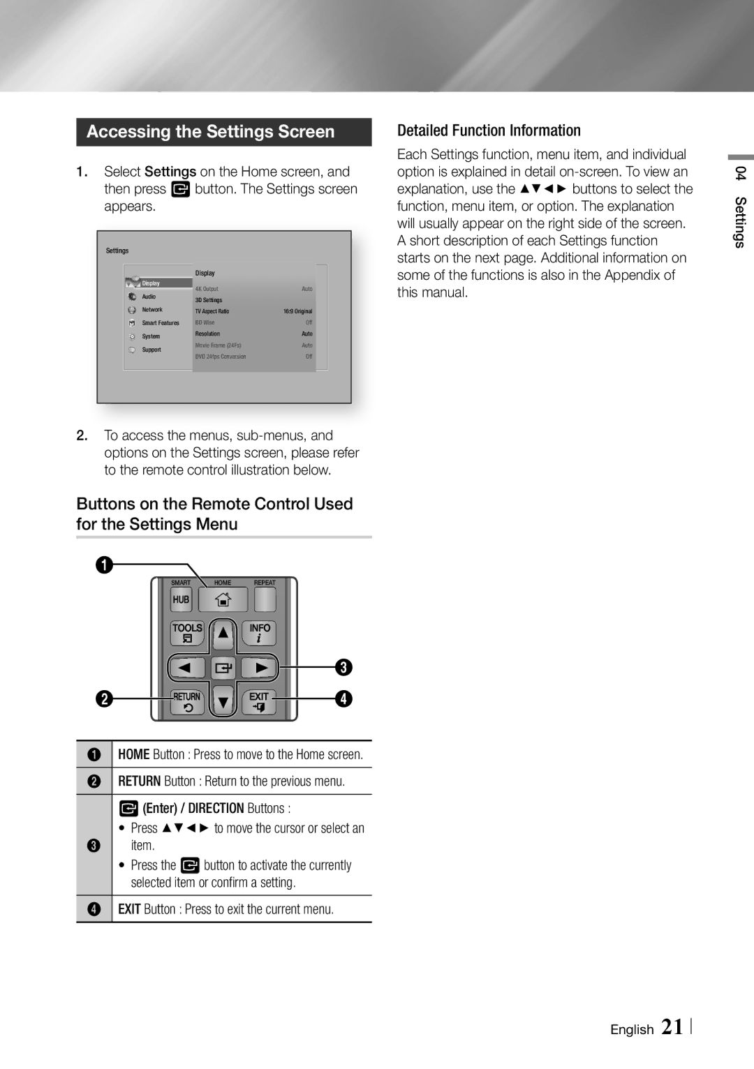 Samsung BDF7500 user manual Accessing the Settings Screen, Buttons on the Remote Control Used for the Settings Menu 