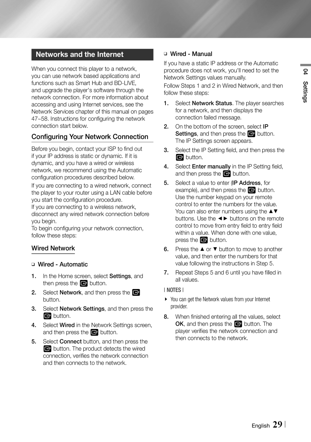 Samsung BDF7500 user manual Networks and the Internet, Configuring Your Network Connection, Wired Network, ĞĞ Wired Manual 