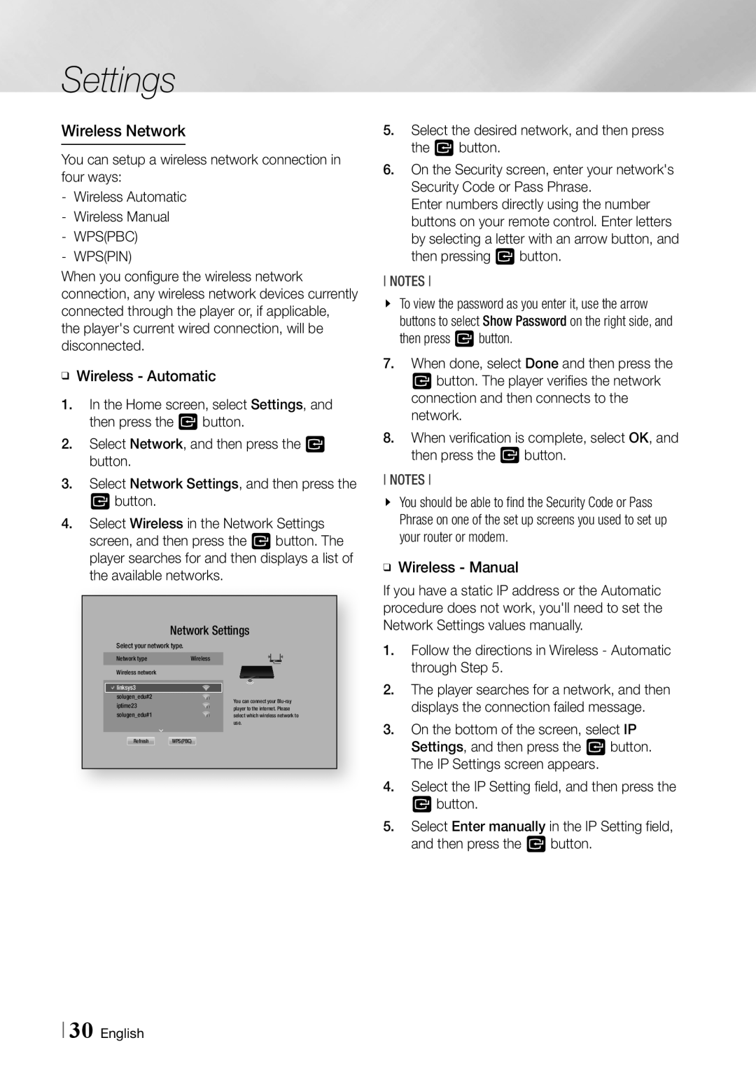 Samsung BDF7500 user manual Wireless Network, Wpspin 