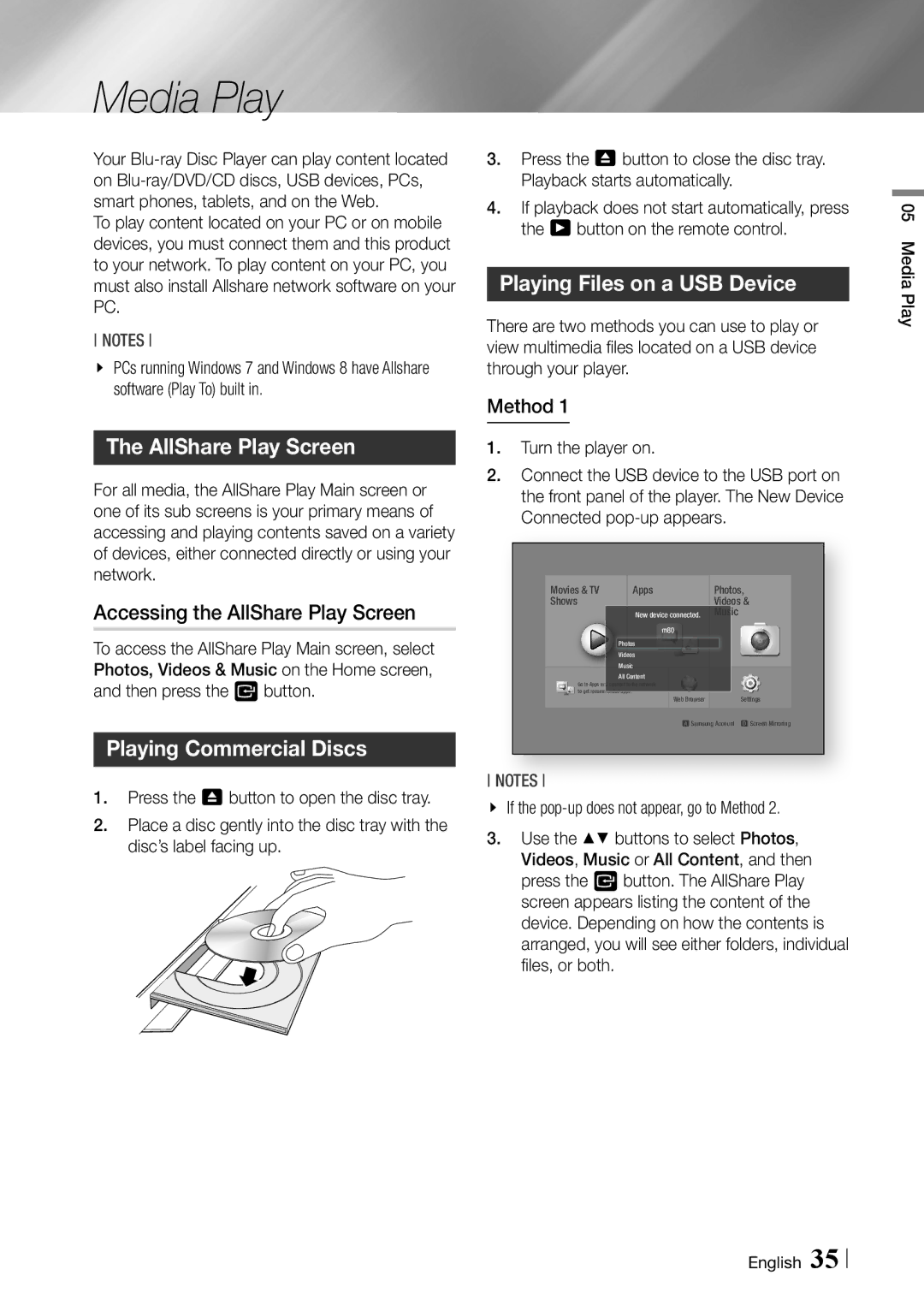 Samsung BDF7500 user manual Media Play, Accessing the AllShare Play Screen, Playing Commercial Discs 