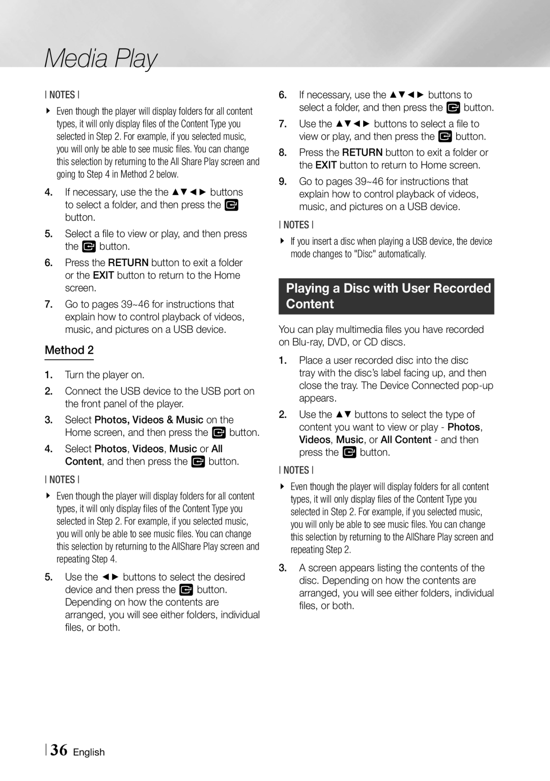 Samsung BDF7500 user manual Playing a Disc with User Recorded Content 