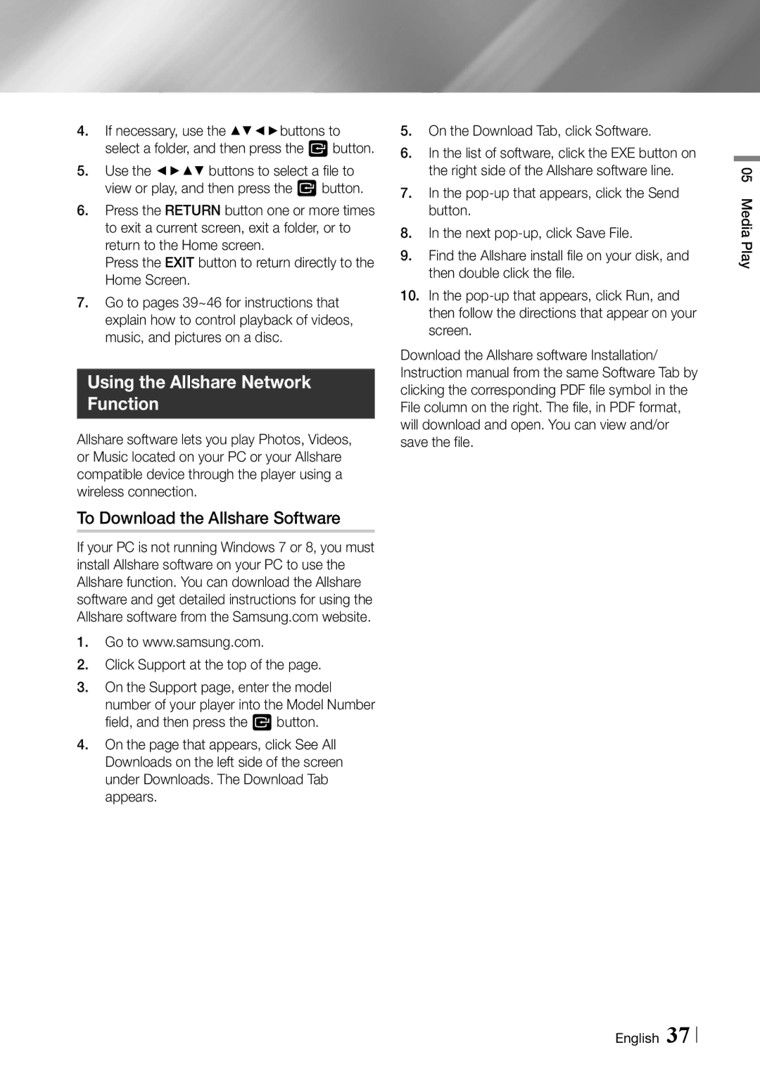 Samsung BDF7500 Using the Allshare Network Function, To Download the Allshare Software, Click Support at the top 