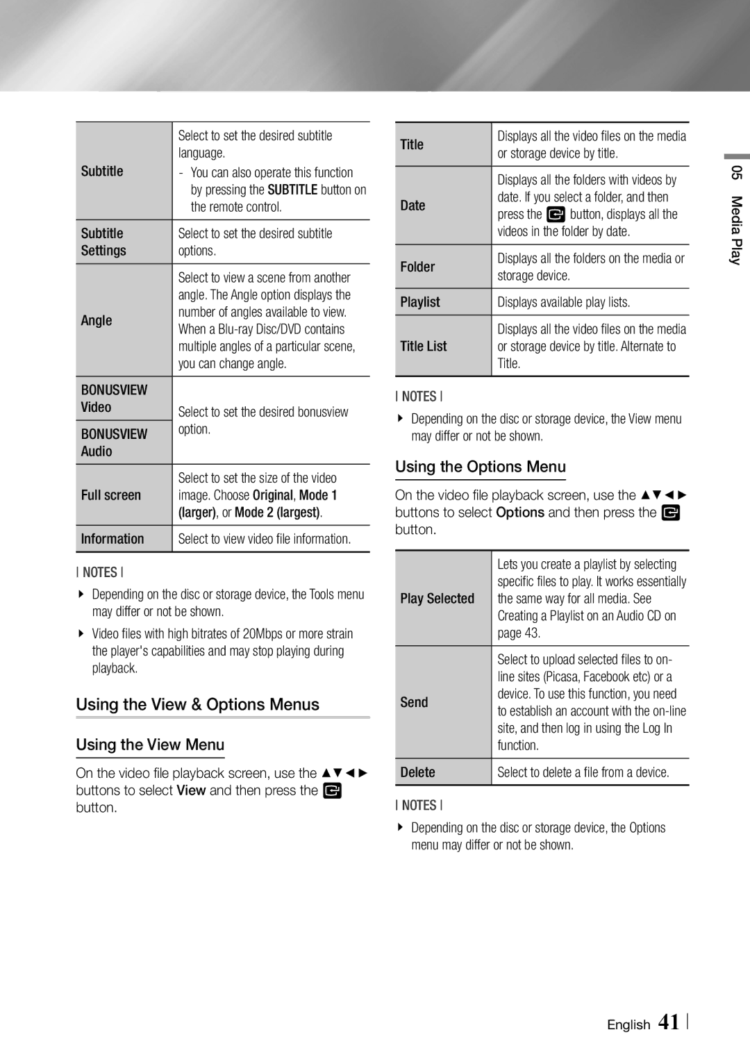 Samsung BDF7500 user manual Using the View & Options Menus, Using the View Menu, Using the Options Menu, Bonusview 