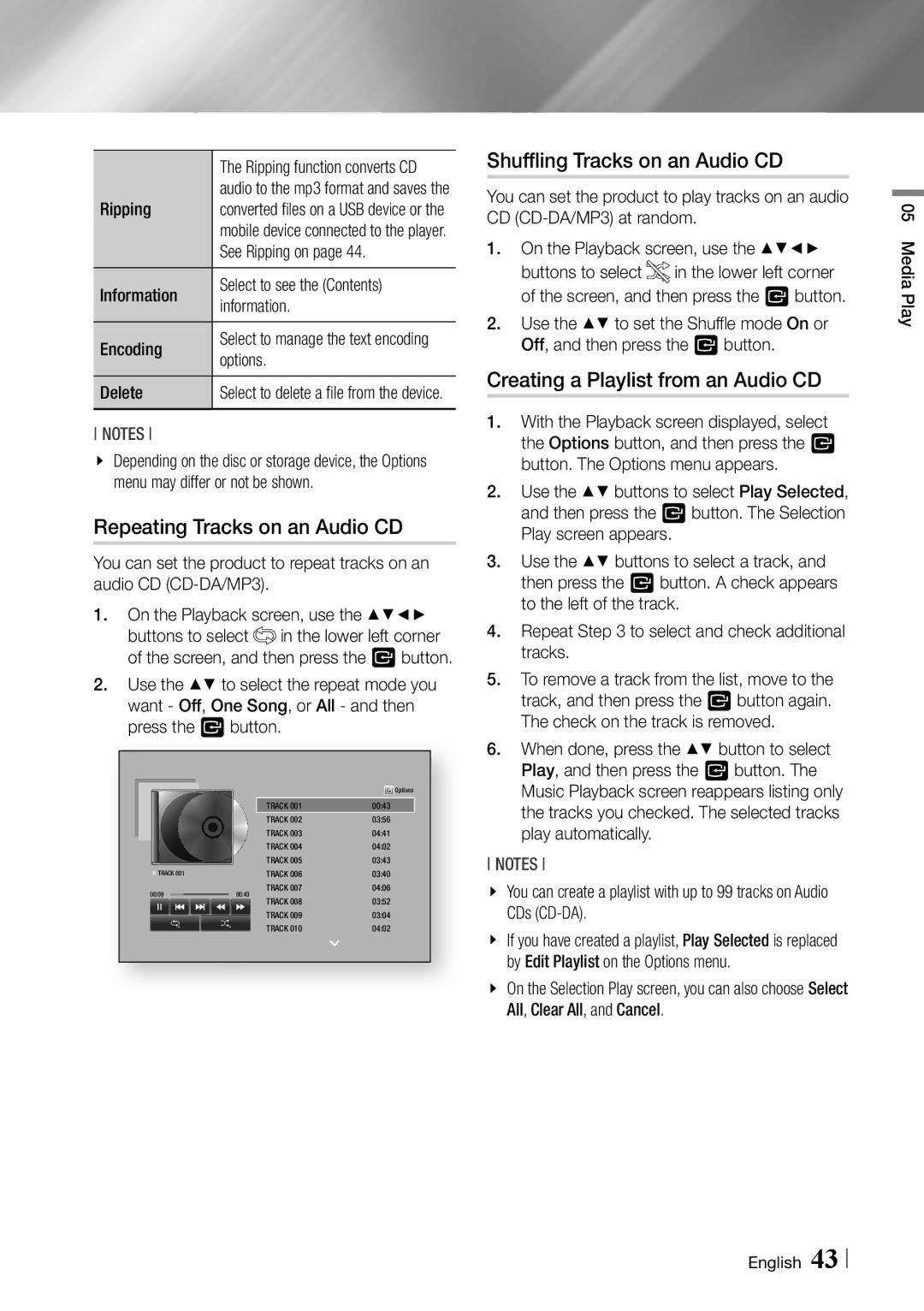 Samsung BDF7500 Repeating Tracks on an Audio CD, Shuffling Tracks on an Audio CD, Creating a Playlist from an Audio CD 