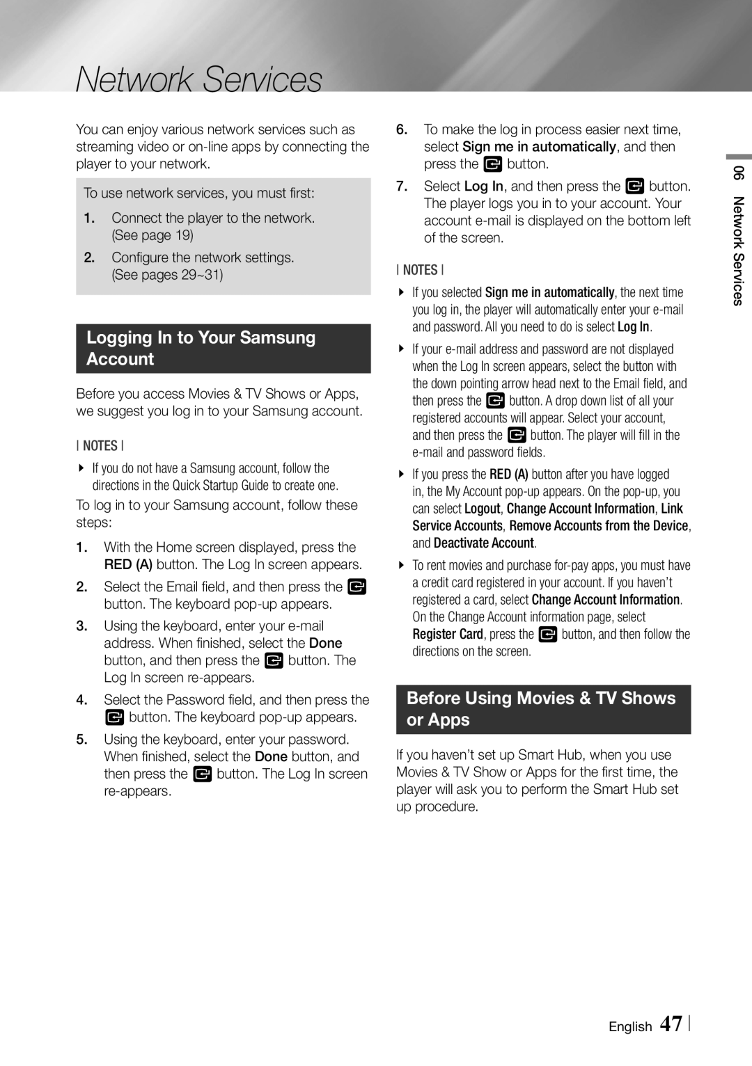 Samsung BDF7500 user manual Network Services, Logging In to Your Samsung Account, Before Using Movies & TV Shows or Apps 