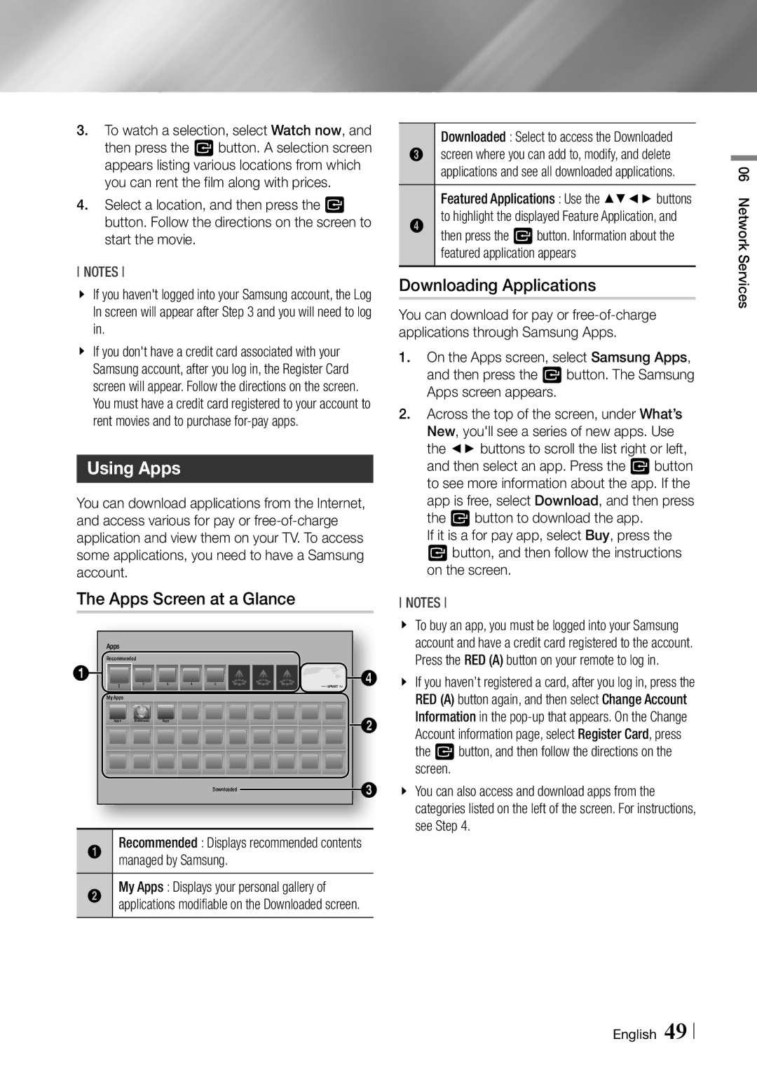 Samsung BDF7500 user manual Using Apps, Apps Screen at a Glance, Downloading Applications, Managed by Samsung 