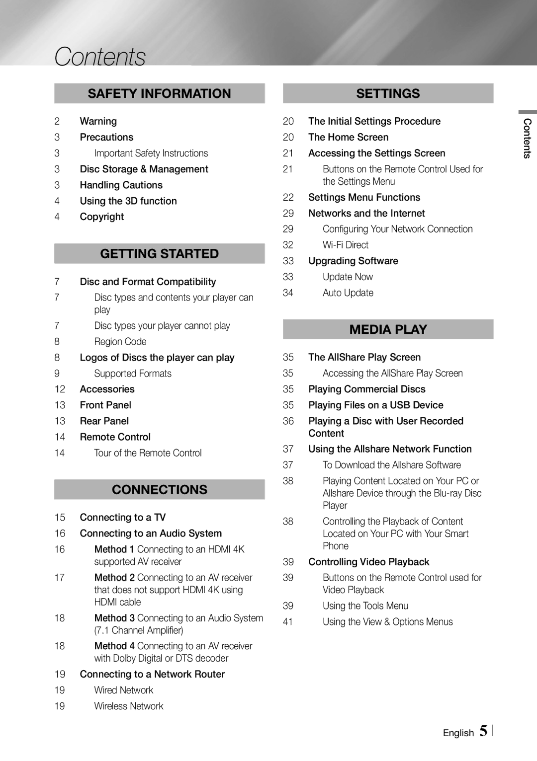 Samsung BDF7500 user manual Contents 