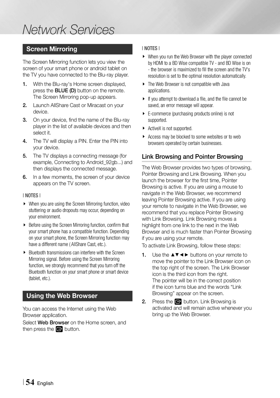 Samsung BDF7500 user manual Screen Mirroring, Using the Web Browser, Link Browsing and Pointer Browsing 