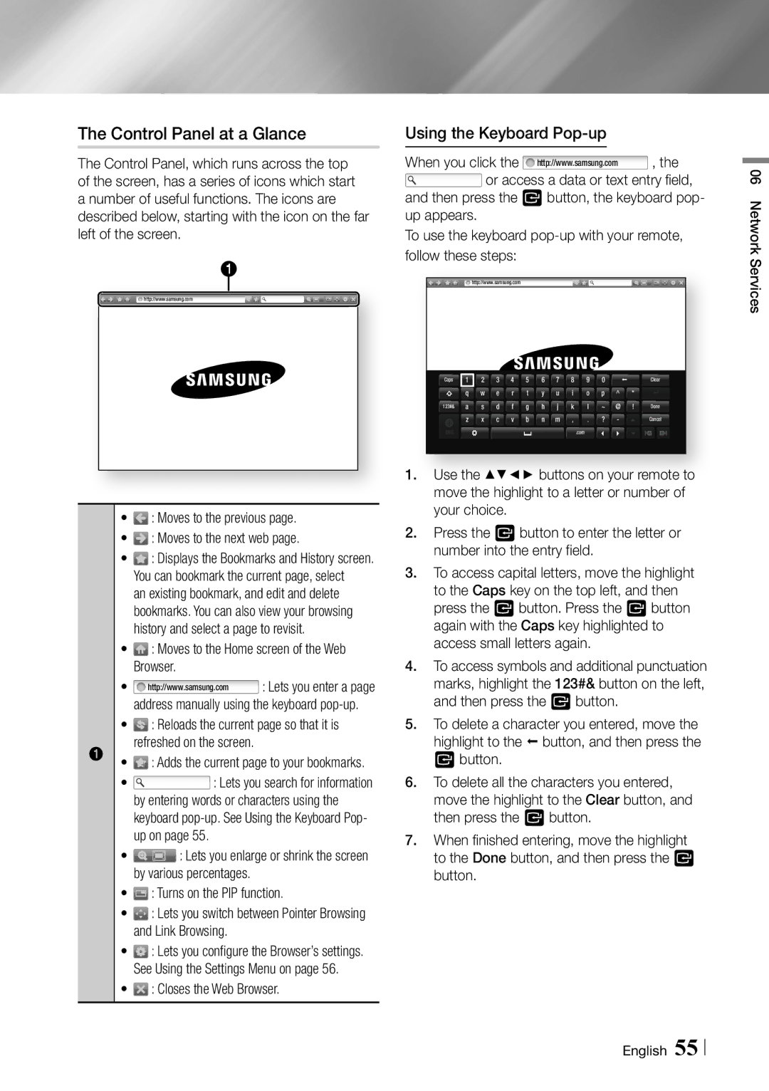 Samsung BDF7500 Control Panel at a Glance, Using the Keyboard Pop-up, Moves to the Home screen of the Web Browser 