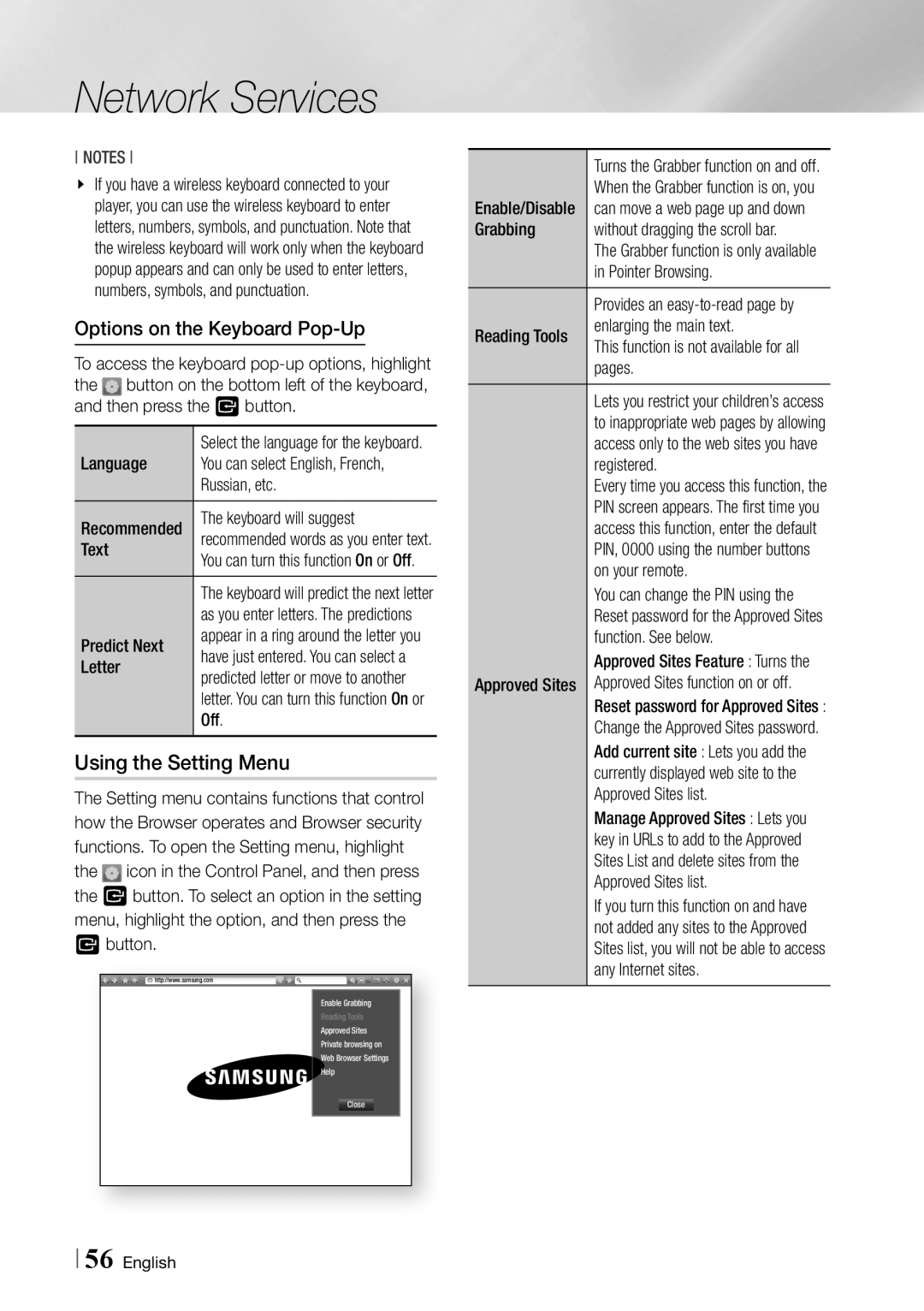 Samsung BDF7500 user manual Using the Setting Menu, Options on the Keyboard Pop-Up 