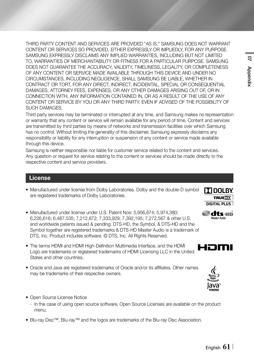 Samsung BDF7500 user manual License 