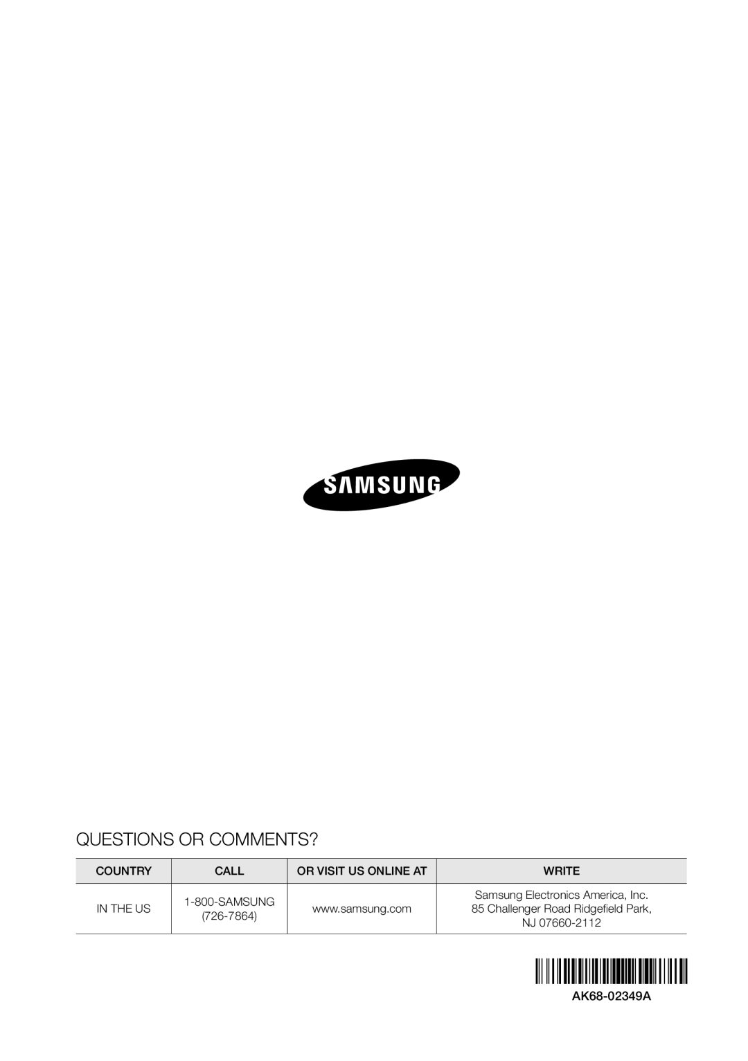 Samsung BDF7500 user manual Questions or COMMENTS?, AK68-02349A 