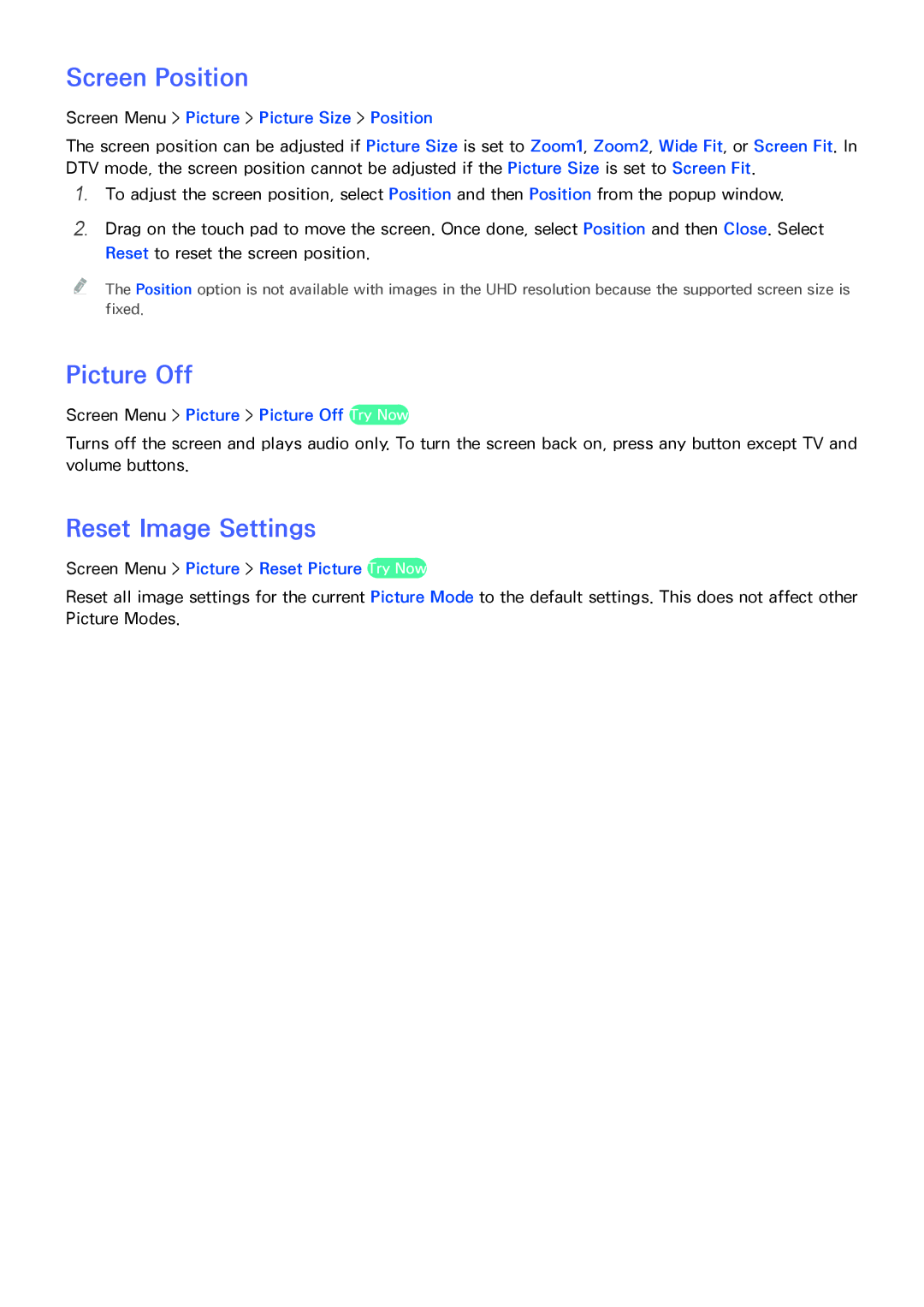 Samsung PN51F8500, UN60F7500AFXZA, PN64F8500, PN60F8500 manual Screen Position, Picture Off, Reset Image Settings 