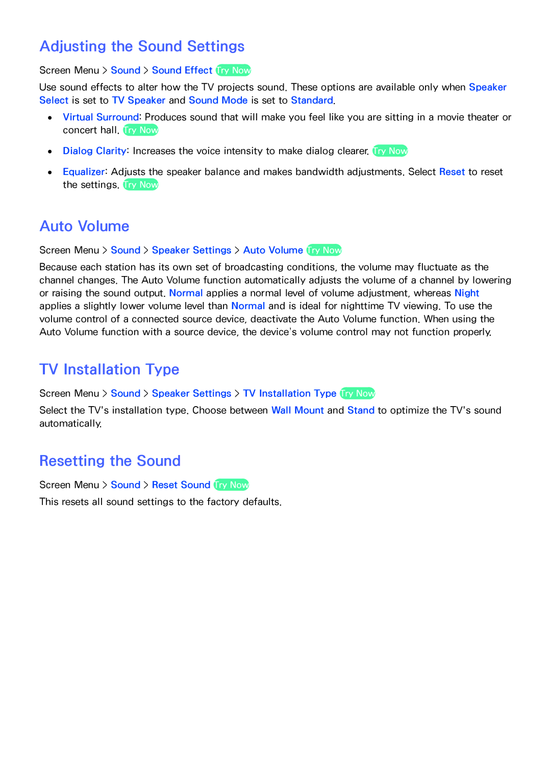 Samsung PN51F8500, UN60F7500AF Adjusting the Sound Settings, Auto Volume, TV Installation Type, Resetting the Sound 