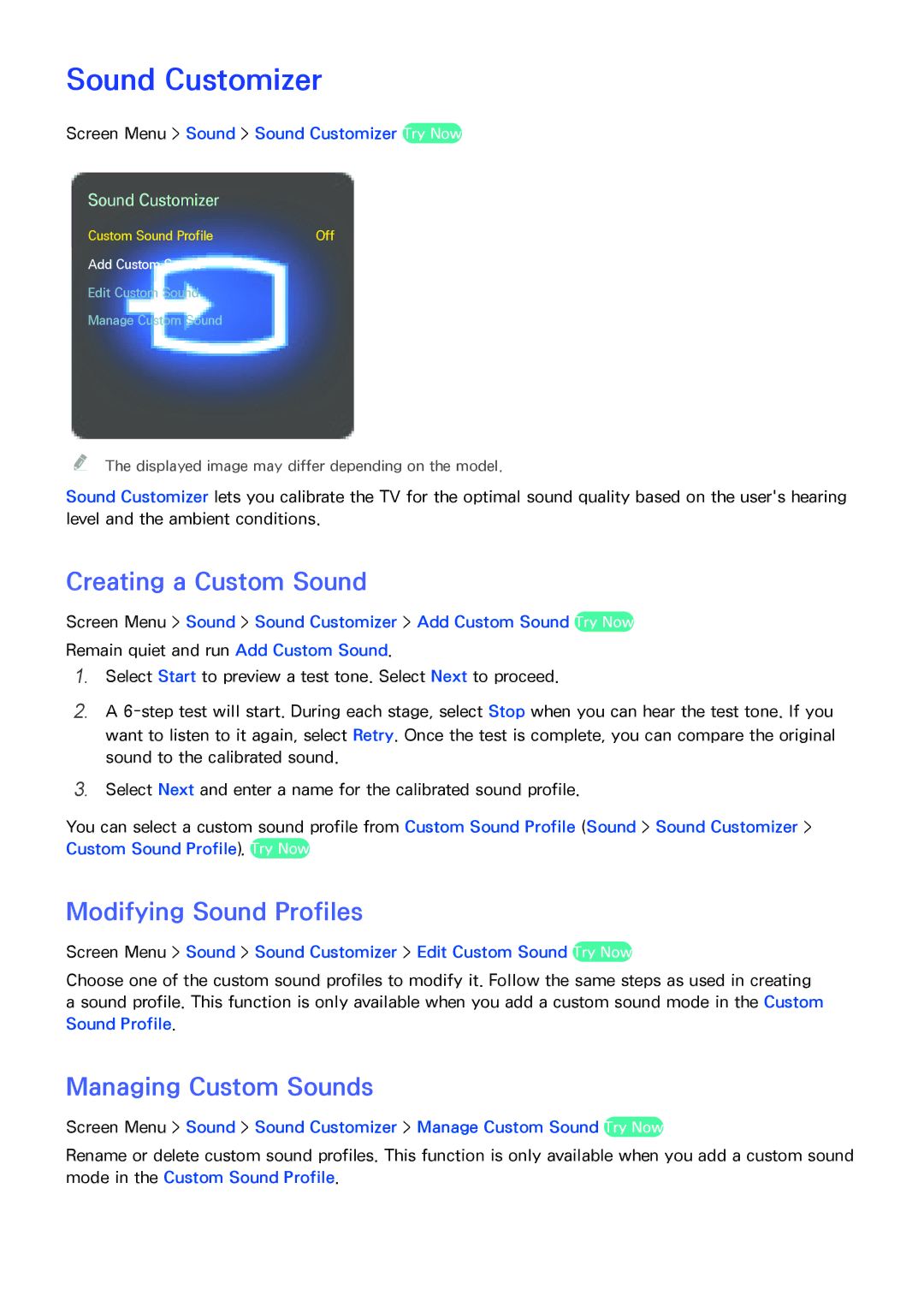 Samsung PN60F8500, F7500 manual Sound Customizer, Creating a Custom Sound, Modifying Sound Profiles, Managing Custom Sounds 