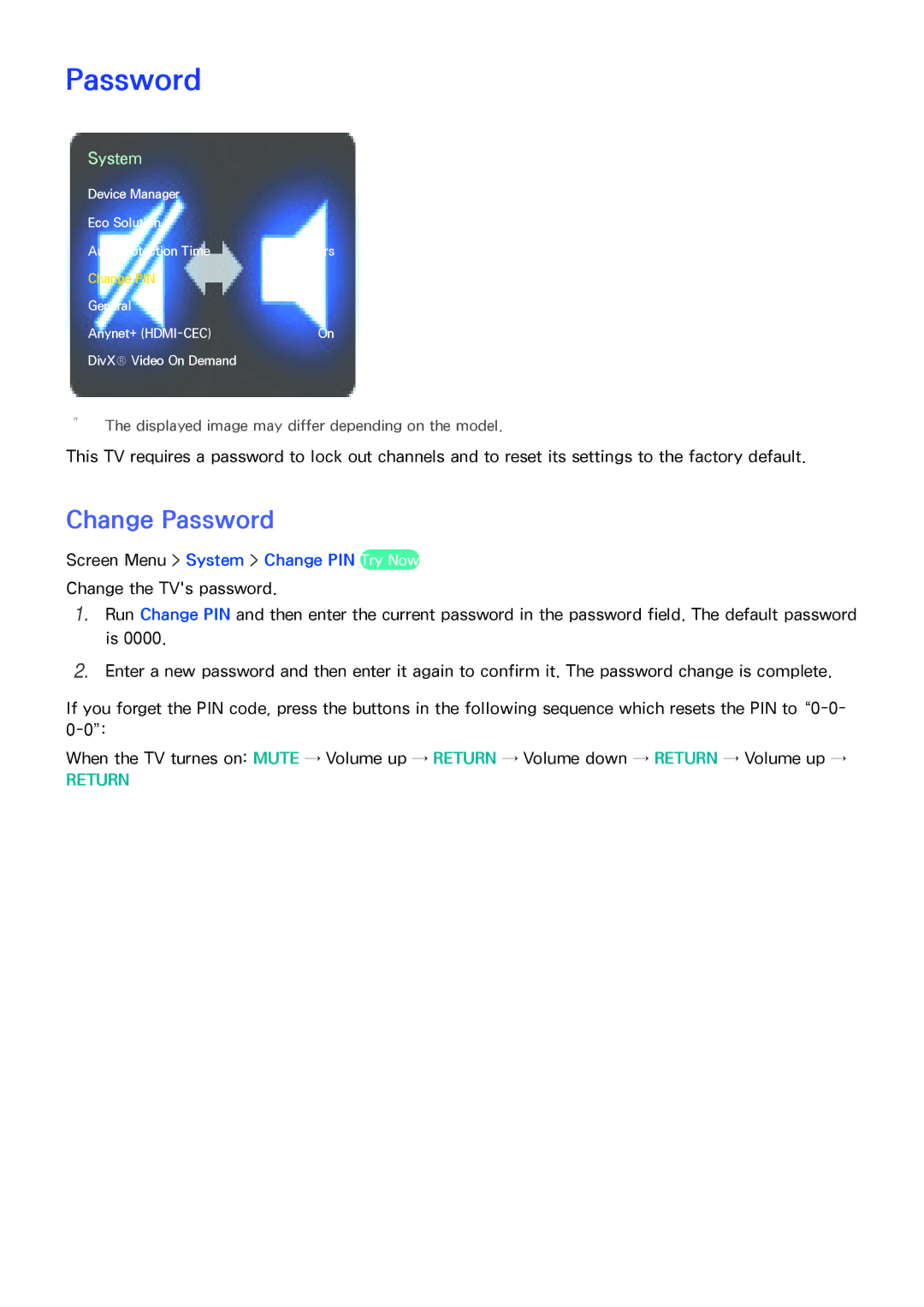 Samsung UN60F7500AFXZA, PN64F8500, PN51F8500, PN60F8500 manual Change Password, Screen Menu System Change PIN Try Now 