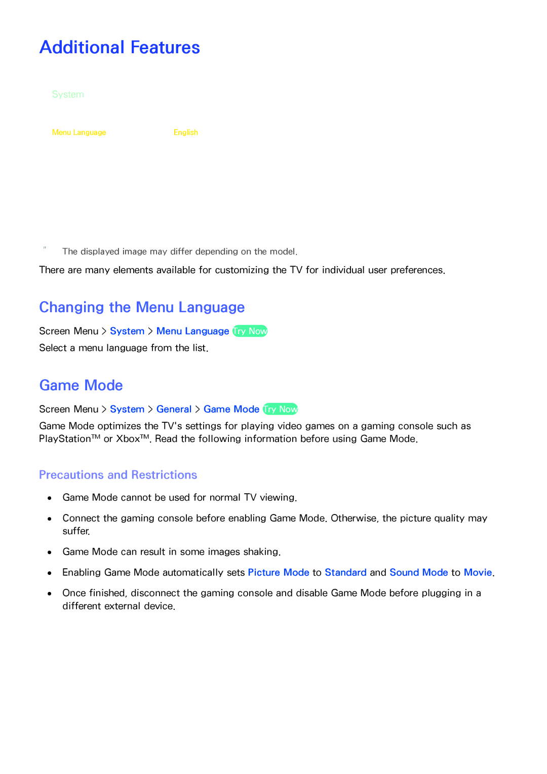 Samsung PN64F8500, F7500 manual Additional Features, Changing the Menu Language, Game Mode, Precautions and Restrictions 
