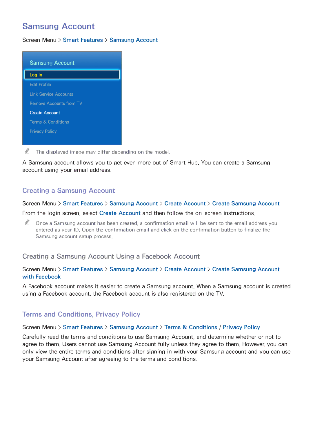 Samsung UN60F7500AFXZA, PN64F8500, PN51F8500, PN60F8500 Creating a Samsung Account, Terms and Conditions, Privacy Policy 