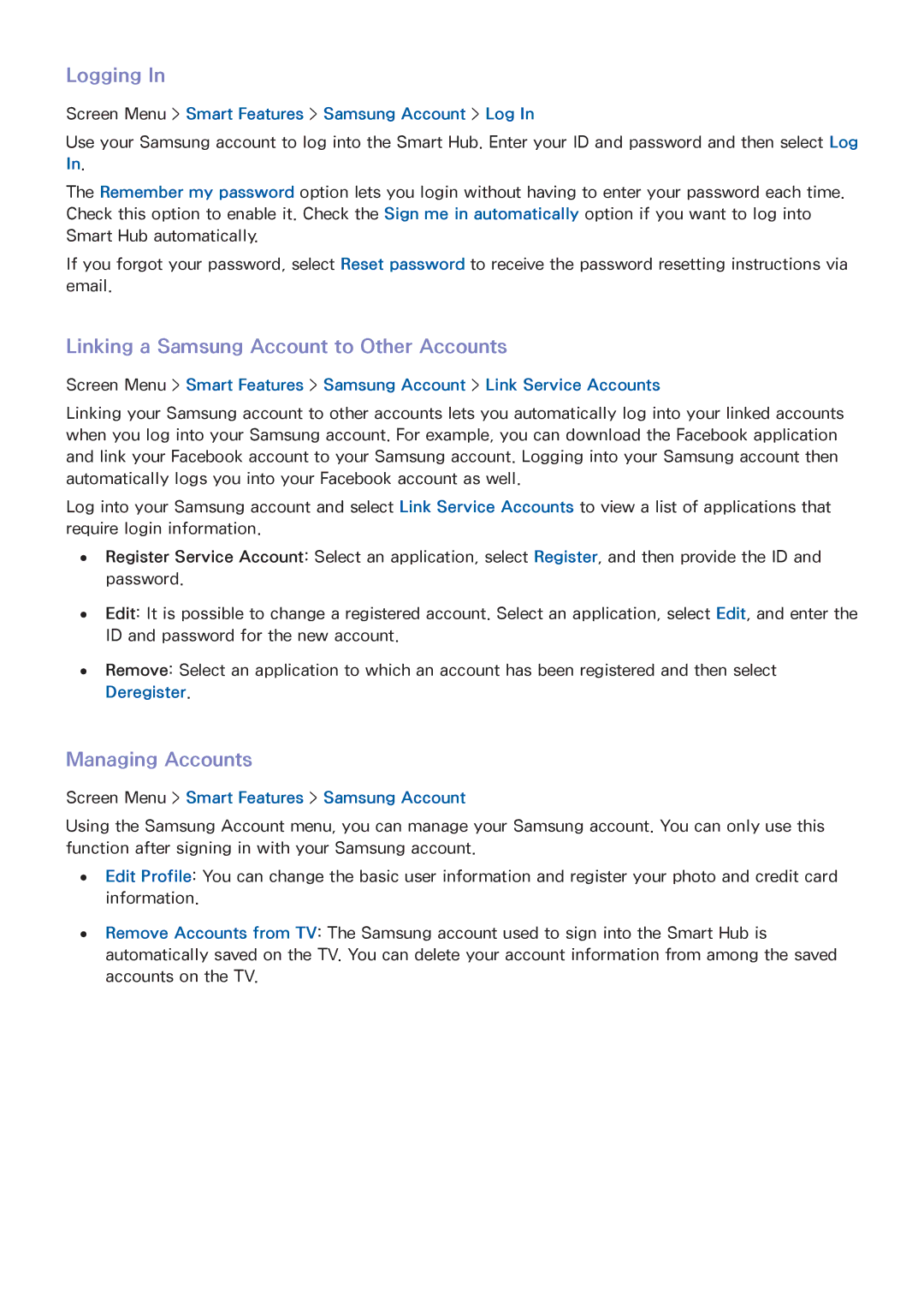 Samsung UN60F7500AFXZA, PN64F8500, PN51F8500 Logging, Linking a Samsung Account to Other Accounts, Managing Accounts 