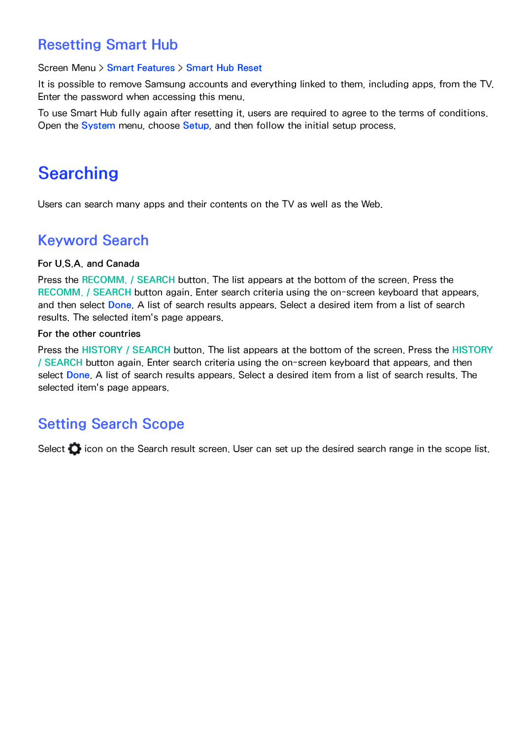 Samsung PN64F8500, UN60F7500AFXZA, PN51F8500 manual Searching, Resetting Smart Hub, Keyword Search, Setting Search Scope 