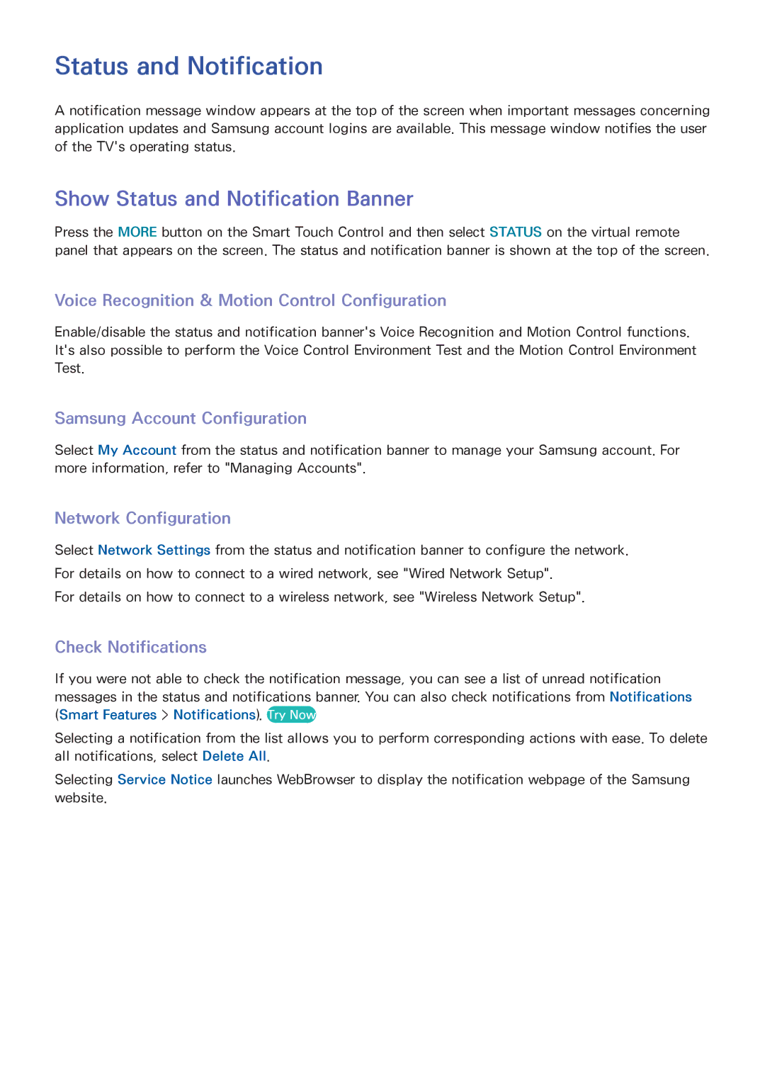 Samsung PN51F8500 Status and Notification, Voice Recognition & Motion Control Configuration, Samsung Account Configuration 