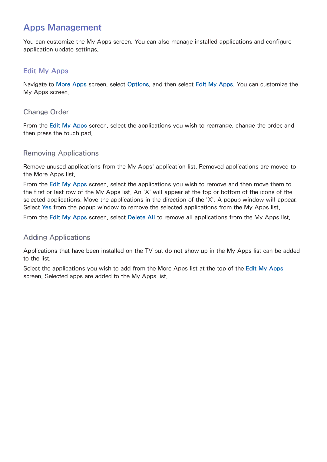 Samsung PN51F8500, UN60F7500AFXZA, PN64F8500, PN60F8500 manual Apps Management, Edit My Apps 