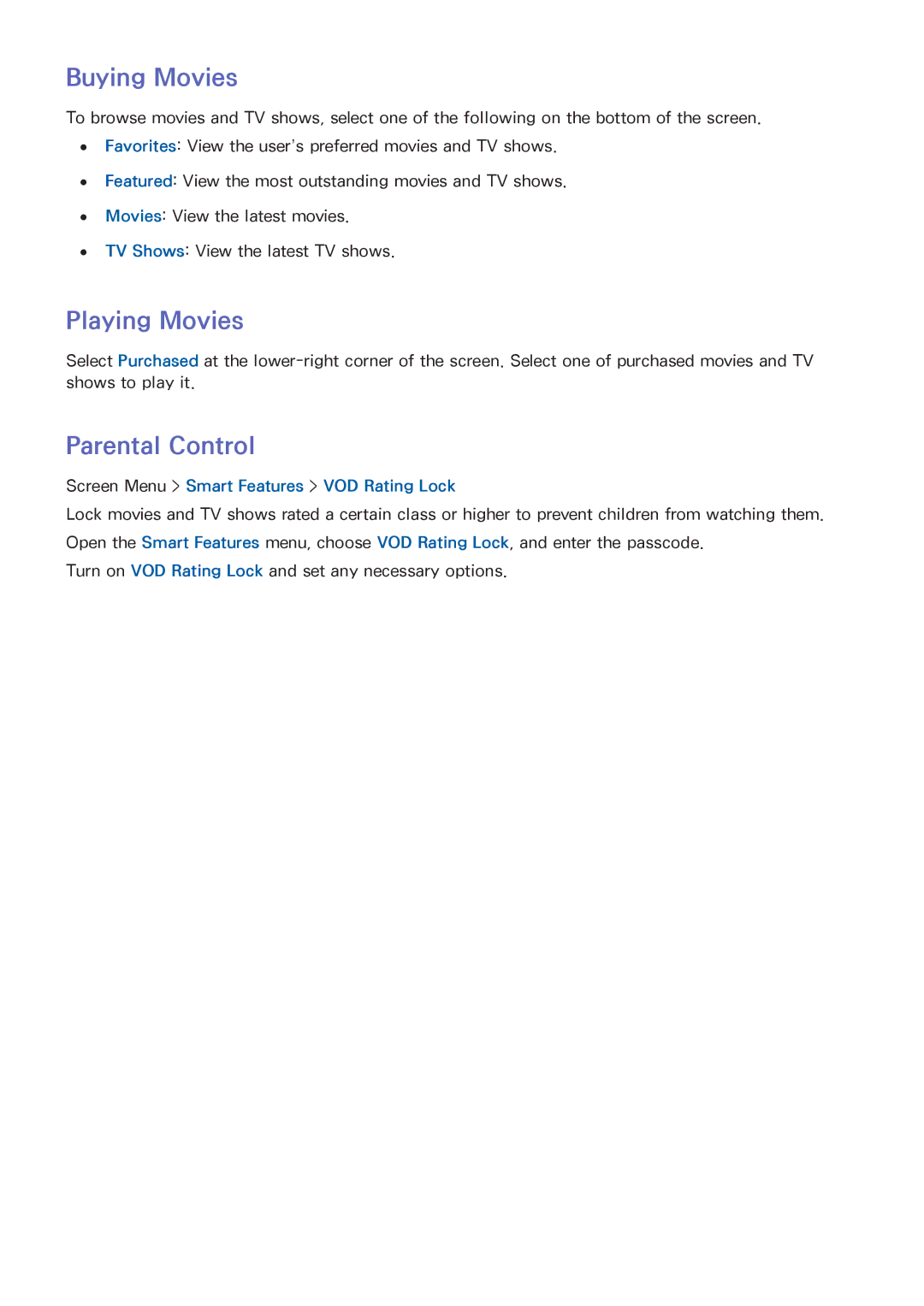 Samsung UN60F7500AFXZA manual Buying Movies, Playing Movies, Parental Control, Screen Menu Smart Features VOD Rating Lock 