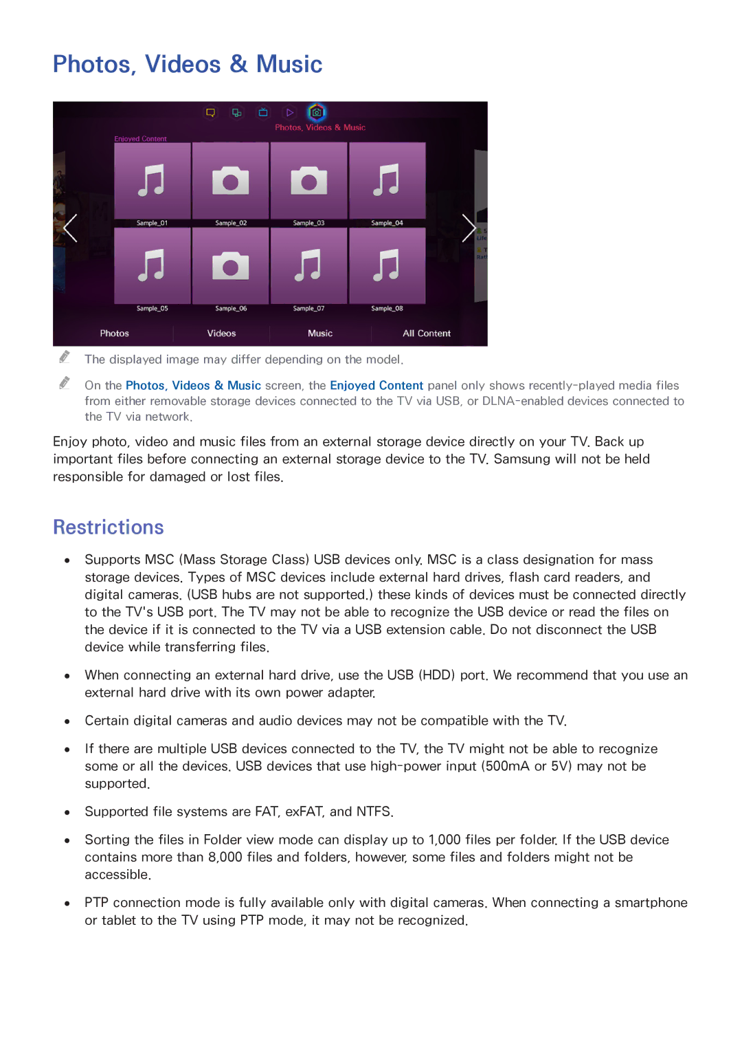 Samsung UN60F7500AFXZA, PN64F8500, PN51F8500, PN60F8500 manual Photos, Videos & Music, Restrictions 
