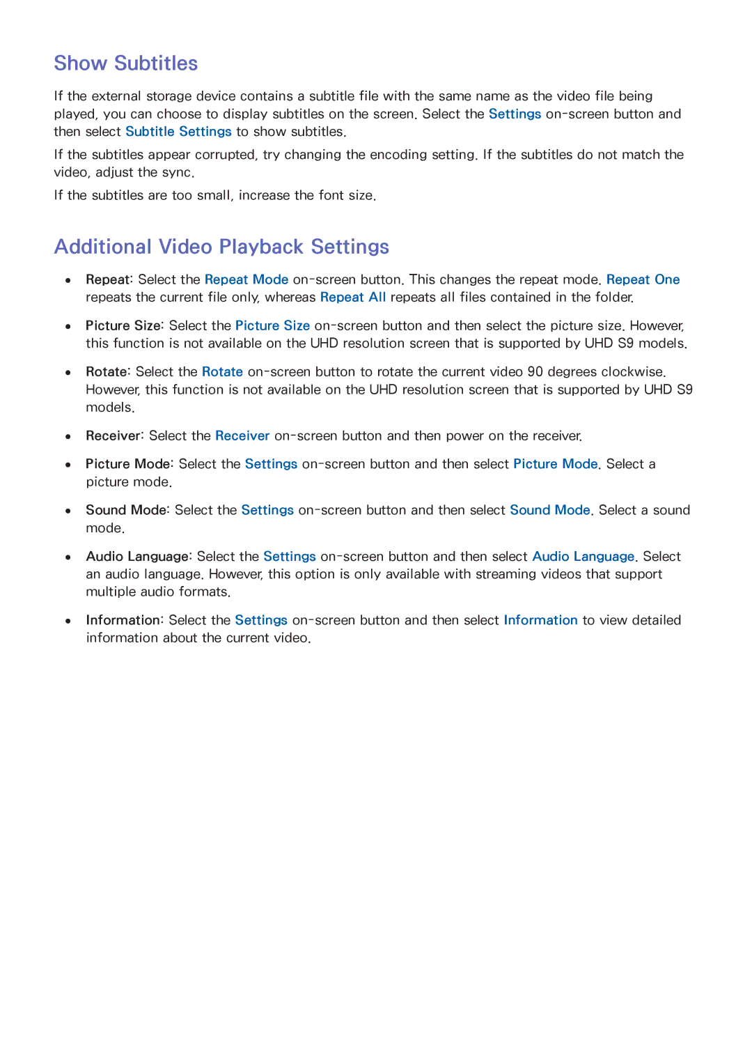 Samsung UN60F7500AFXZA, PN64F8500, PN51F8500, PN60F8500 manual Show Subtitles, Additional Video Playback Settings 
