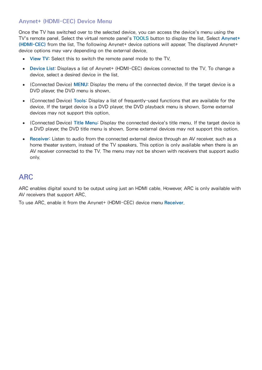 Samsung UN60F7500AFXZA, PN64F8500, PN51F8500, PN60F8500 manual Arc, Anynet+ HDMI-CEC Device Menu 