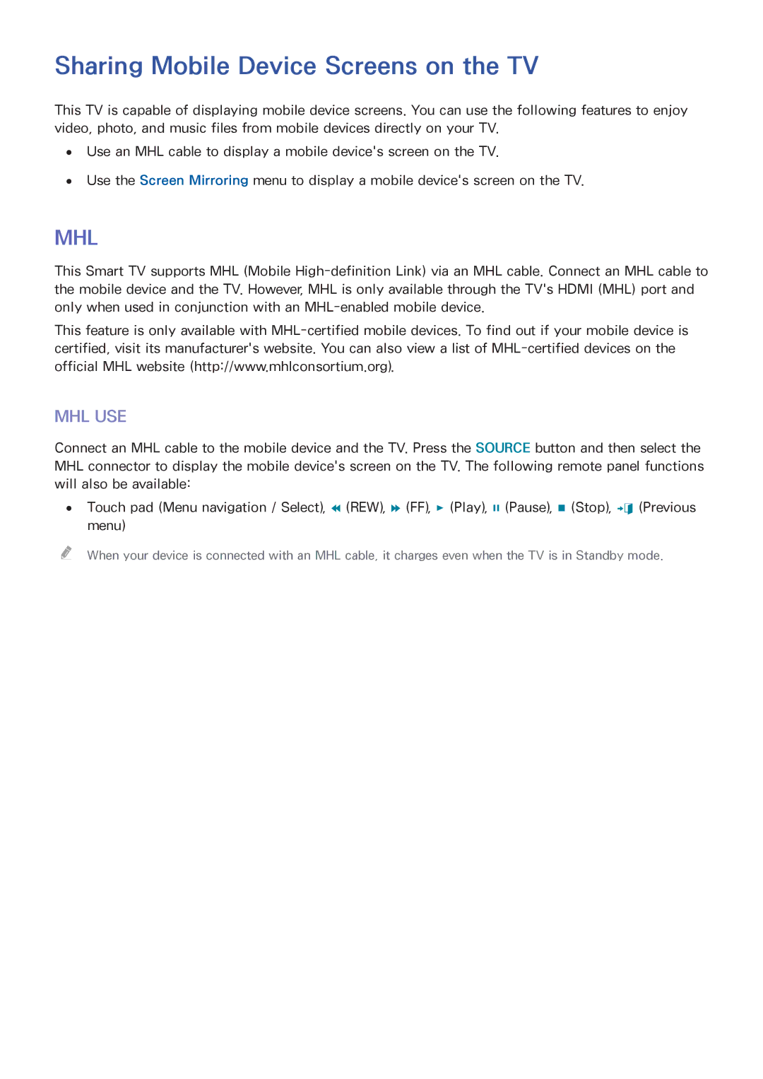 Samsung UN60F7500AFXZA, PN64F8500, PN51F8500, PN60F8500 manual Sharing Mobile Device Screens on the TV, Mhl 