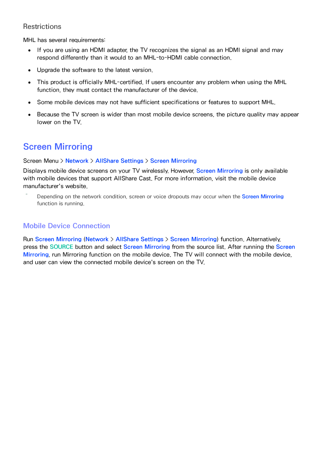 Samsung PN64F8500, UN60F7500AF Mobile Device Connection, Screen Menu Network AllShare Settings Screen Mirroring 