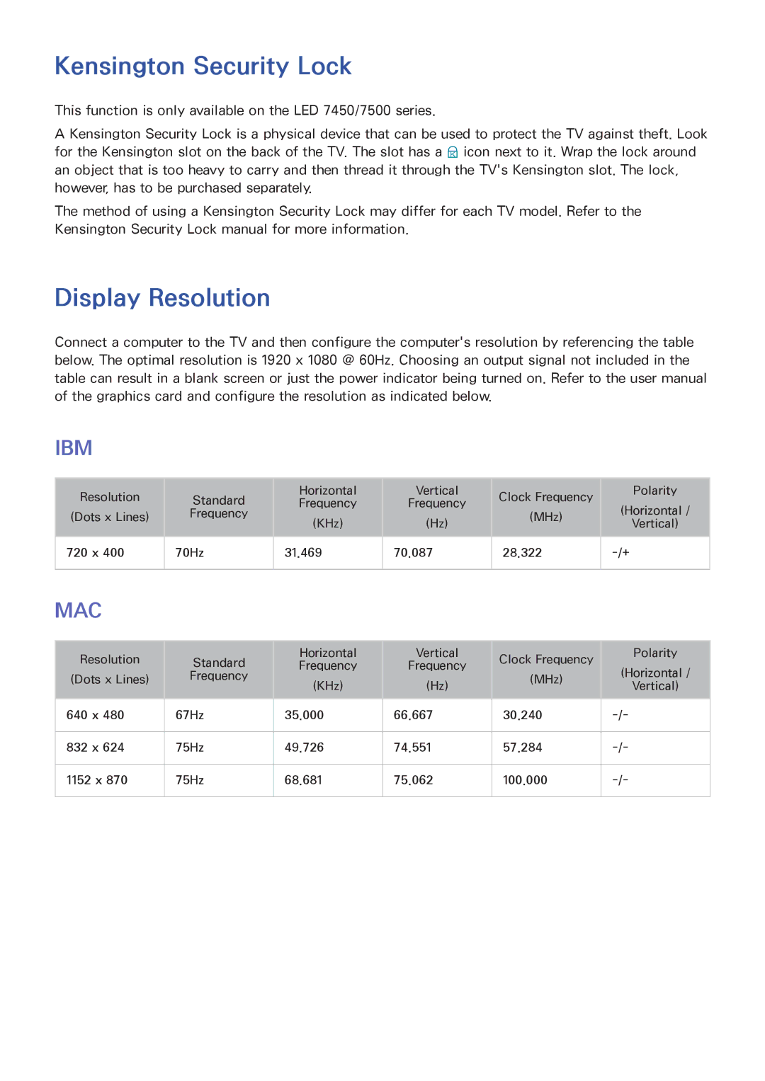 Samsung PN51F8500, UN60F7500AFXZA, PN64F8500, PN60F8500 manual Kensington Security Lock, Display Resolution 