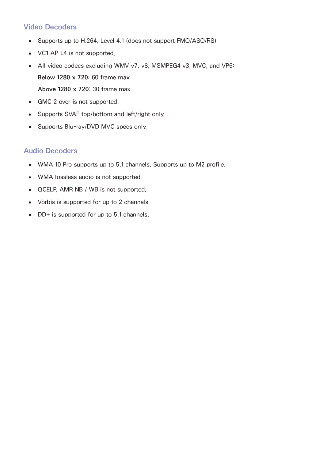 Samsung UN60F7500AFXZA, PN64F8500, PN51F8500, PN60F8500 manual Video Decoders, Audio Decoders 