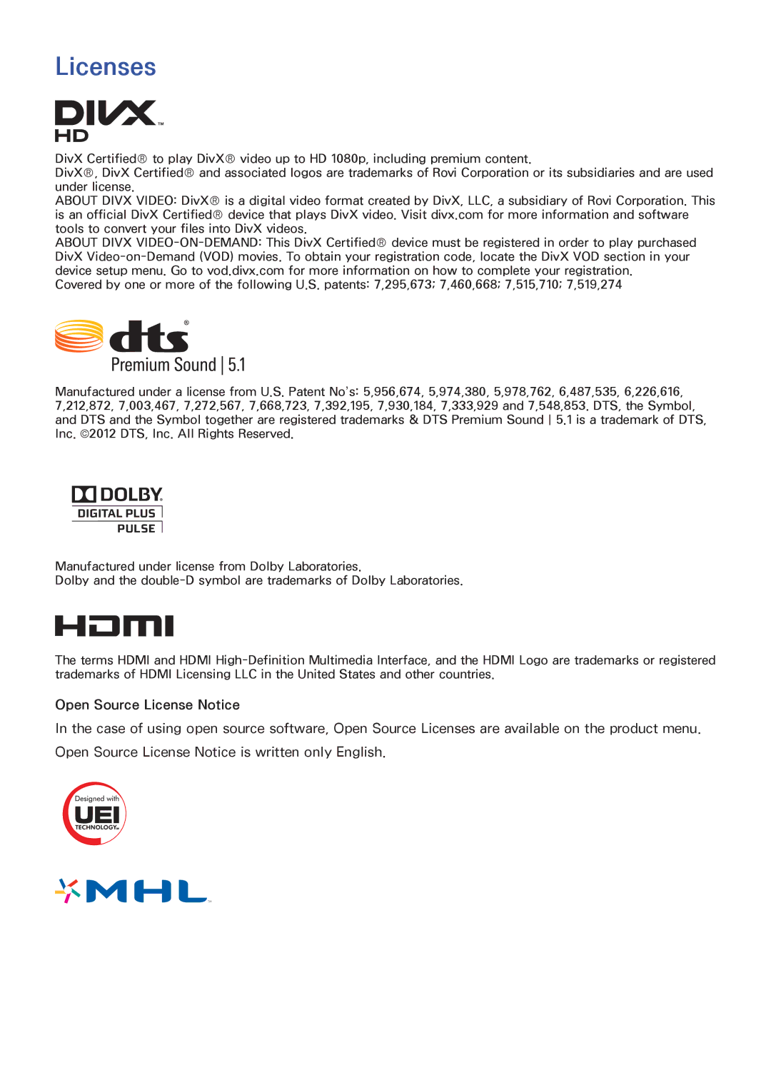 Samsung UN60F7500AFXZA, PN64F8500, PN51F8500, PN60F8500 manual Licenses, Open Source License Notice 