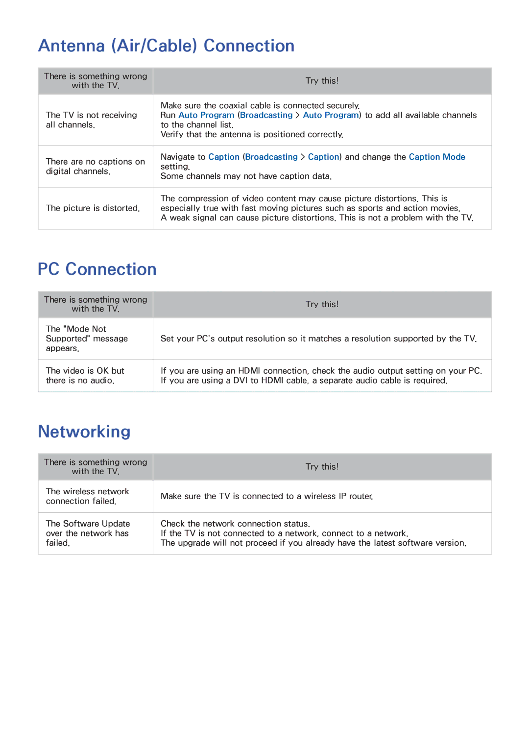 Samsung PN51F8500, UN60F7500AFXZA, PN64F8500, PN60F8500 manual Antenna Air/Cable Connection, PC Connection, Networking 