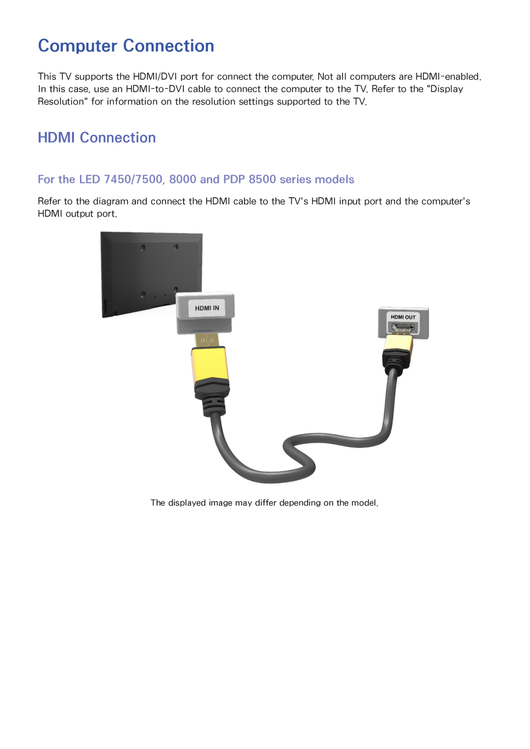 Samsung UN60F7500AFXZA manual Computer Connection, Hdmi Connection, For the LED 7450/7500, 8000 and PDP 8500 series models 