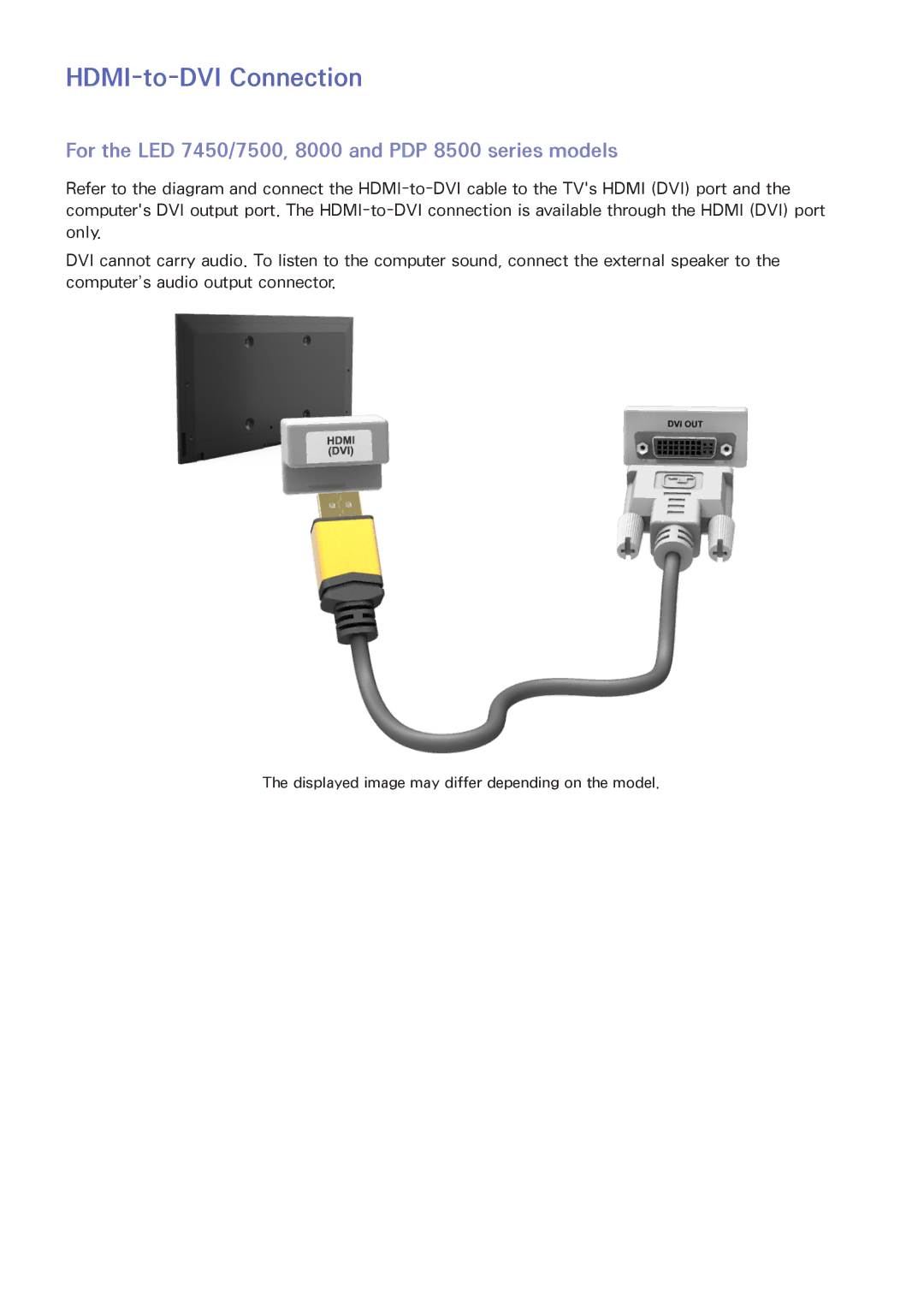 Samsung PN64F8500, UN60F7500AFXZA, PN51F8500, PN60F8500 manual HDMI-to-DVI Connection 