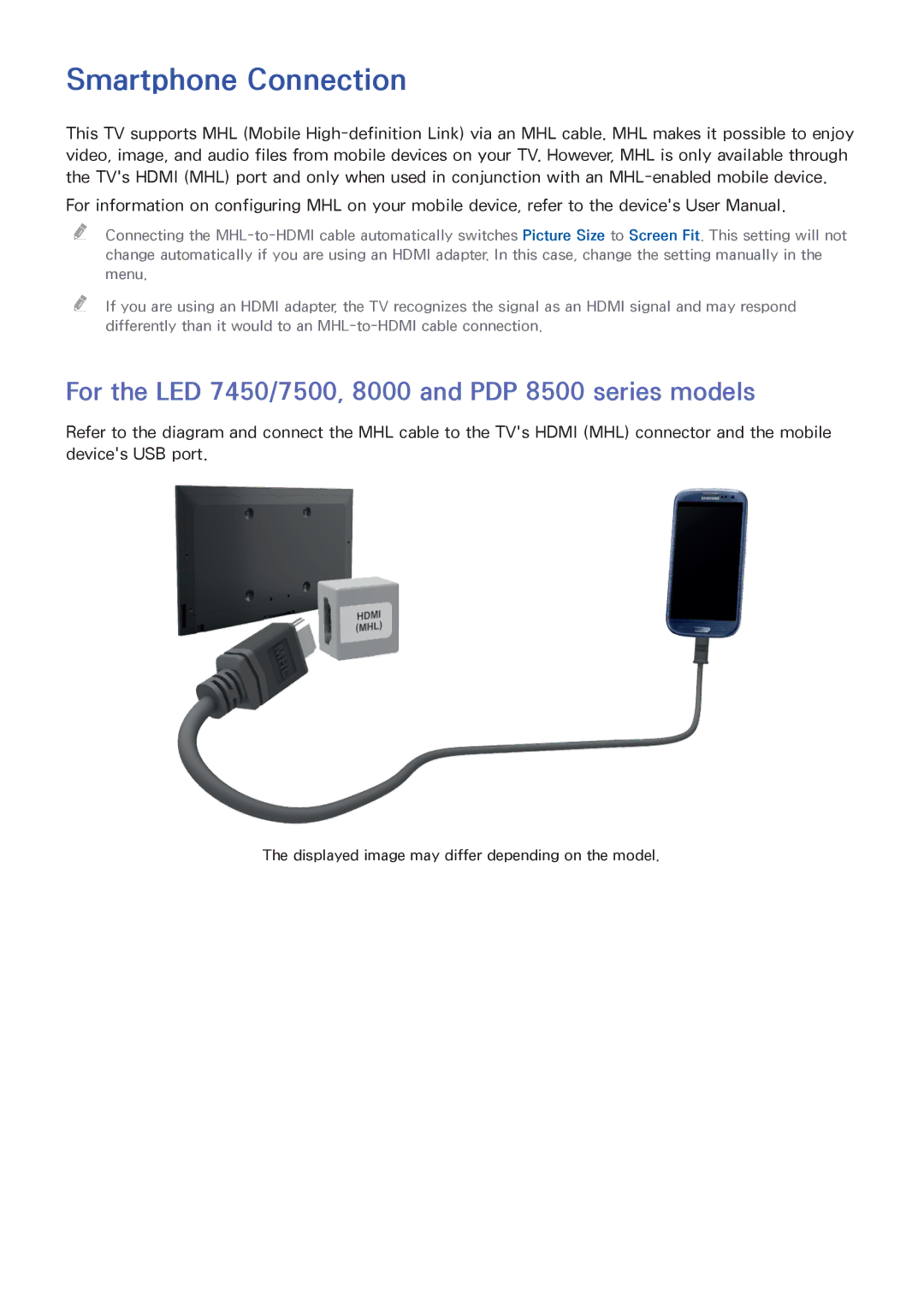 Samsung PN60F8500, UN60F7500AFXZA manual Smartphone Connection, For the LED 7450/7500, 8000 and PDP 8500 series models 