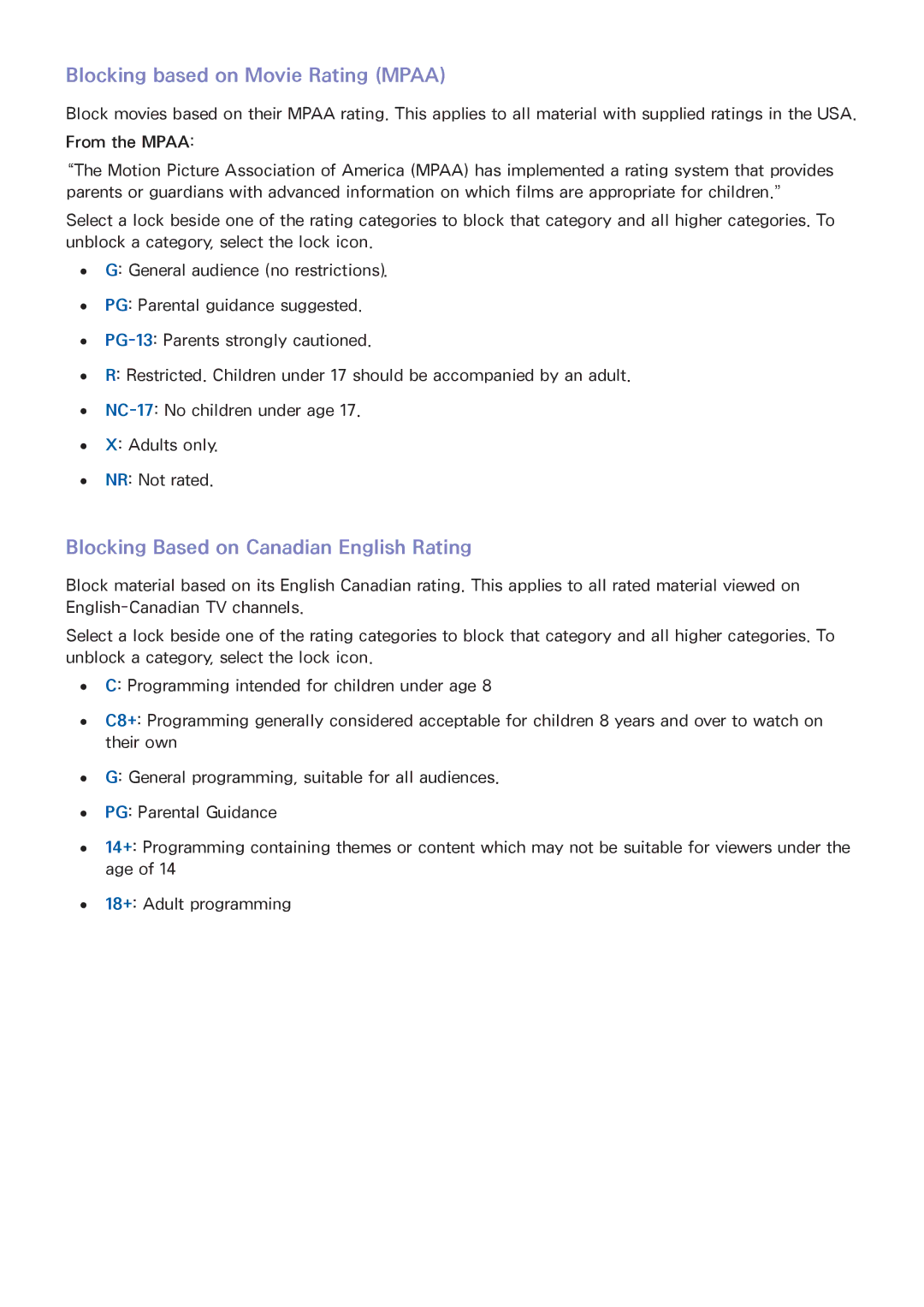 Samsung PN60F8500, UN60F7500AFXZA manual Blocking based on Movie Rating Mpaa, Blocking Based on Canadian English Rating 