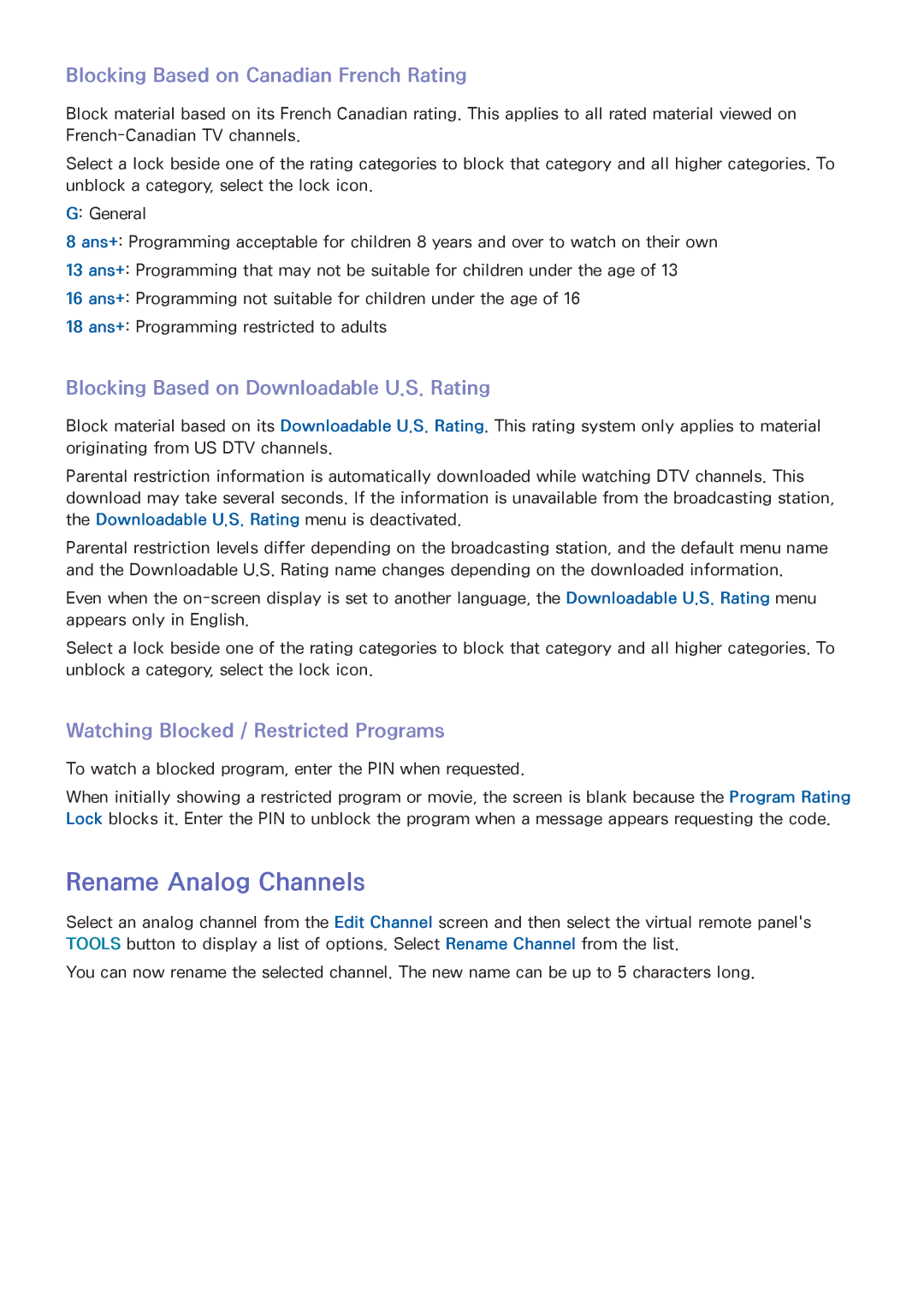 Samsung F7500 Rename Analog Channels, Blocking Based on Canadian French Rating, Blocking Based on Downloadable U.S. Rating 