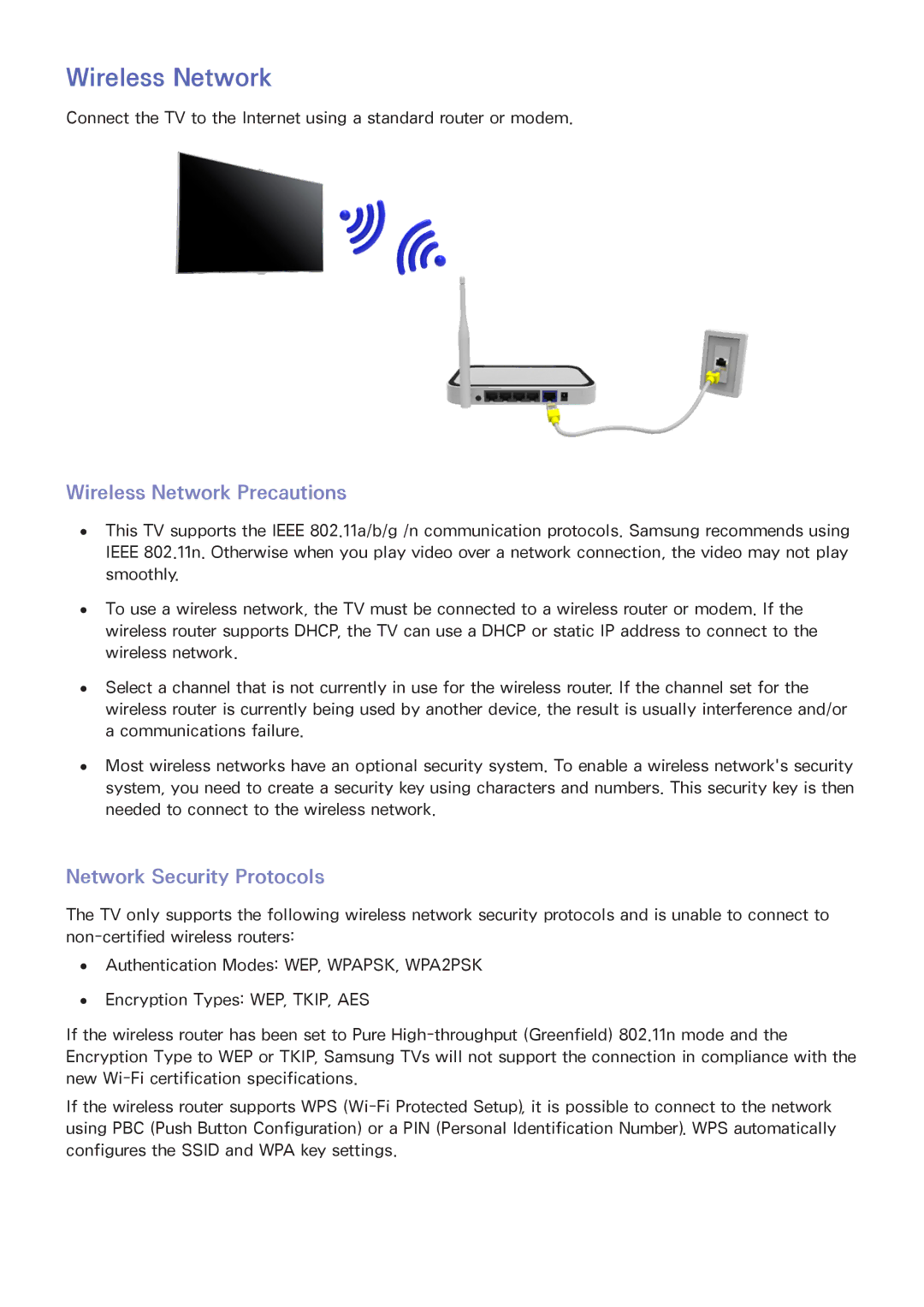 Samsung PN60F8500, UN60F7500AFXZA, PN64F8500, PN51F8500 manual Wireless Network Precautions, Network Security Protocols 