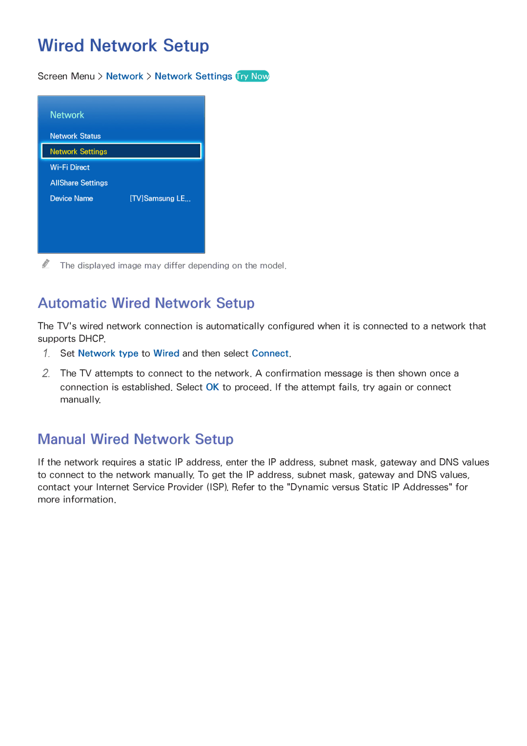 Samsung F7500 Automatic Wired Network Setup, Manual Wired Network Setup, Screen Menu Network Network Settings Try Now 