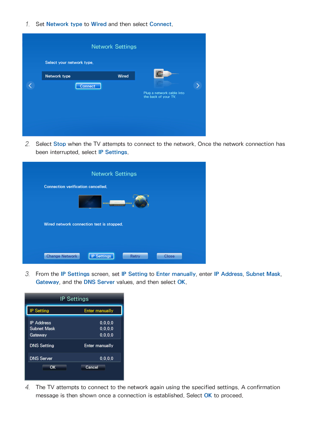 Samsung UN60F7500AFXZA, PN64F8500, PN51F8500, PN60F8500 manual Network Settings, IP Settings 