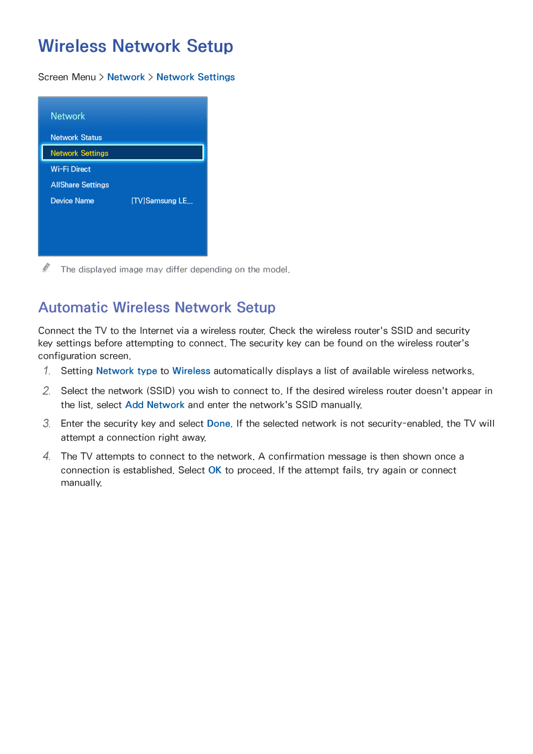 Samsung PN64F8500, UN60F7500AFXZA, PN51F8500 Automatic Wireless Network Setup, Screen Menu Network Network Settings 