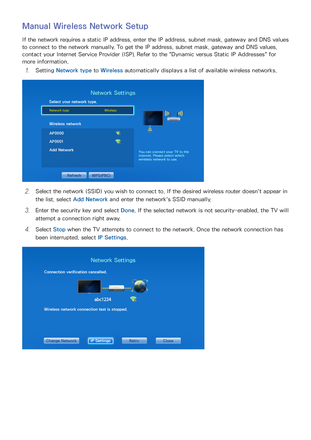 Samsung PN51F8500, UN60F7500AFXZA, PN64F8500 Manual Wireless Network Setup, Wireless network AP0000 AP0001 Add Network 