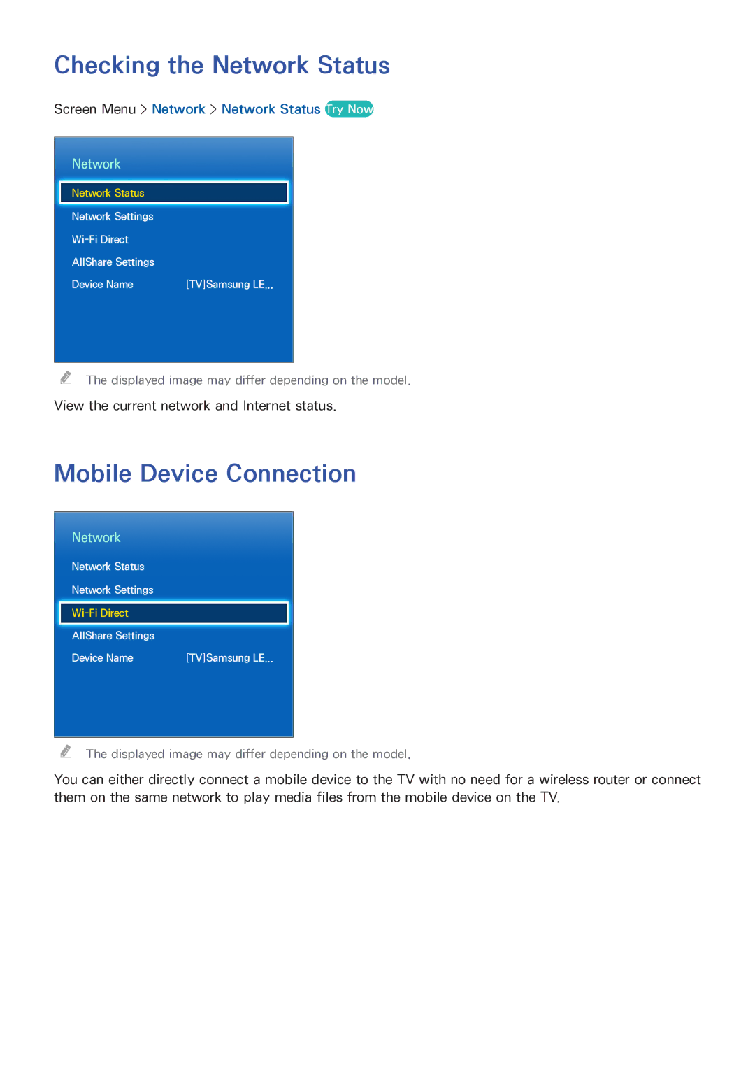 Samsung UN60F7500AF Checking the Network Status, Mobile Device Connection, Screen Menu Network Network Status Try Now 